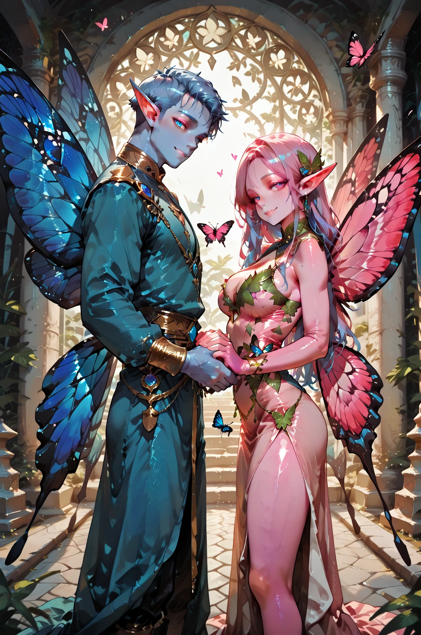 masterpiece, best quality, amazing quality, very aesthetic, high resolution, newest, hyper-detailed, (long shot), couple holding hands ((fairys)),gentle smile; mature man blue hair, short hair, short bang hair, ((butterfly wings)), ((Elf ears)) blue skin, royal clothes); mature woman pink hair, long hair, ((butterfly wings)), ((Elf ears)) pink skin, royal clothes) fantasy theme, front to the viewer, fan art, absurdres, amazing temple background, depth of field