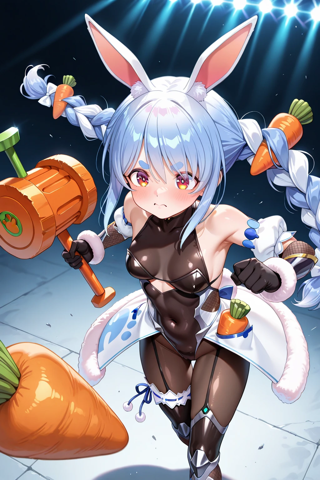 pulchritudinous, 1girl, ahoge, breasts, dark-skinned_female, dark_skin, green_eyes, grin, large_breasts, leotard, leotard_pull,thighhighs,BREAK,animation by Toshiyuki Inoue,\jack the ripper (fate)\,Jerkin,clothing by Laura Cristina Ortiz, directed byNicholas St. John <lora:art:0.2> <lora:robobuns:0.2> <lora:alita:0.2>