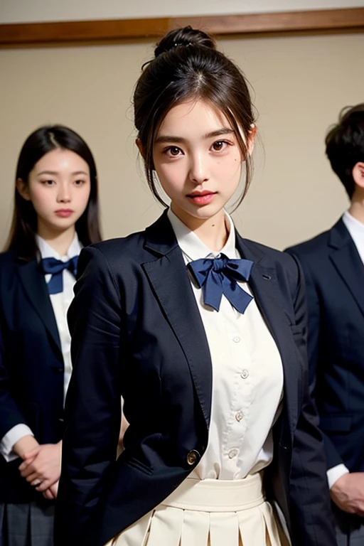 ((( :1.2))), ((())), (Practical), (Exquisite details :1.2), (Masterpiece, :1.3), (Top quality :1.4), (Ultra-high resolution :1.2), Ultra-high resolution, 8K resolution, Very detailed expressions, Dark, (High quality), Full , Natural , Full body image, (1 girl caressed by 4 men at night :1.6), She is. , (: 1.5), (Teacher: 1.5), (She is Korean: 1.6), (Beautiful: 1.4), (Fluffy hair), Long legs, (A girl is wearing a fitted office lady blouse, and pantyhose. : 1.4), (Office clothes: 1.4), (A girl is wearing high heels: 1.4), (4 men in high school uniforms: 1.3), (The four men are all high school students. : 1.4), Glowing skin, (Eye contact: 1.4), (((((: 1.2))), (She is grabbed and harassed by four men: 1.5), She cannot resist being grabbed by the arm. (The man grabs her thigh.), Caressing, stroking, (Five people take the elevator together: 1.6), (The scene is inside the elevator: 1.2), There is only one female, the rest are male high school students in uniforms: 1:5