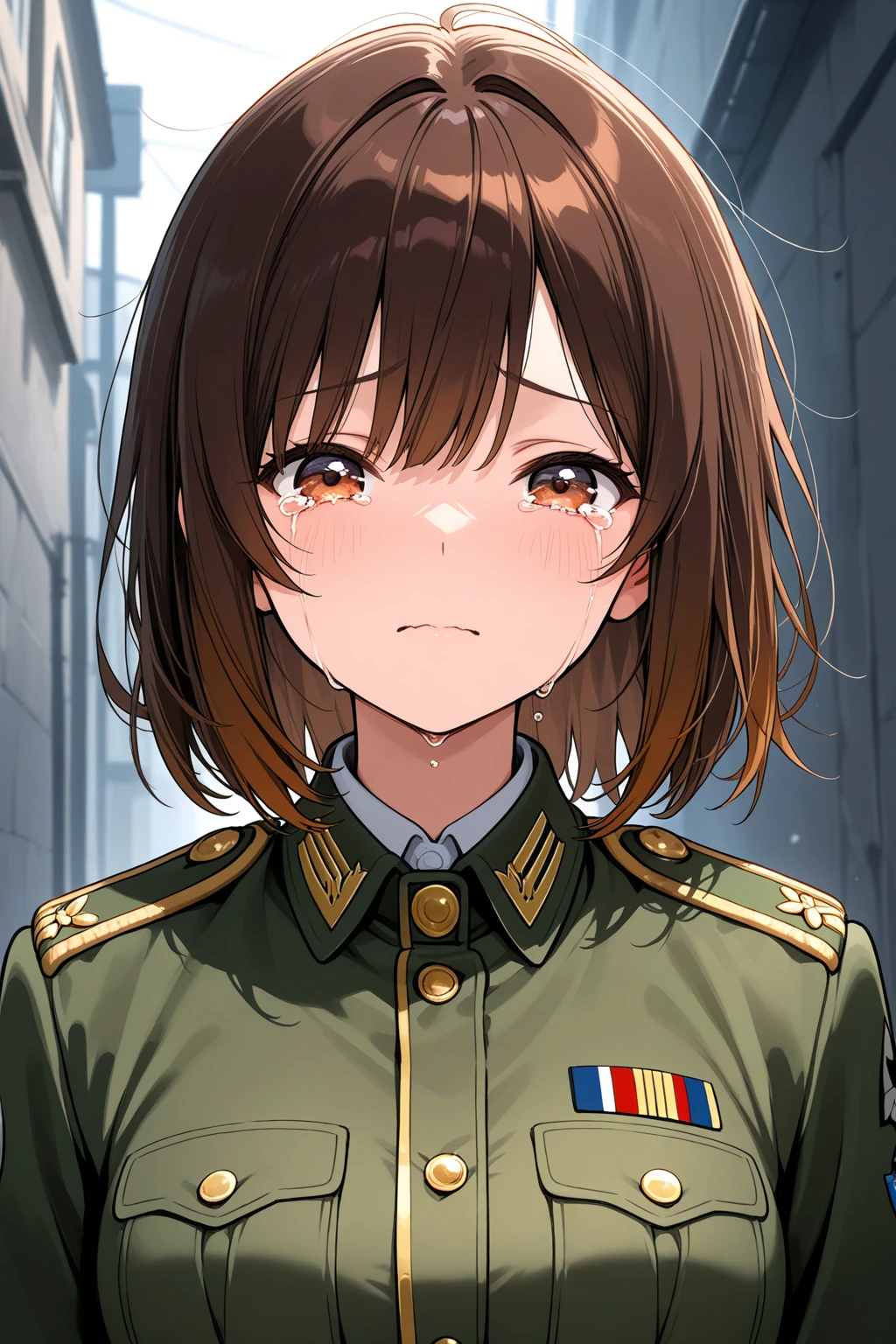 1woman, age 23, military uniform, destroyed building overgrown with vines, cinematic lighting, epic scene, dramatic pose, realistic, photorealistic, 8k, high quality, masterpiece, (best quality, 4k, 8k, highres, masterpiece:1.2), ultra-detailed, (realistic, photorealistic, photo-realistic:1.37), HDR, UHD, studio lighting, ultra-fine painting, sharp focus, physically-based rendering, extreme detail description, professional, vivid colors, bokeh