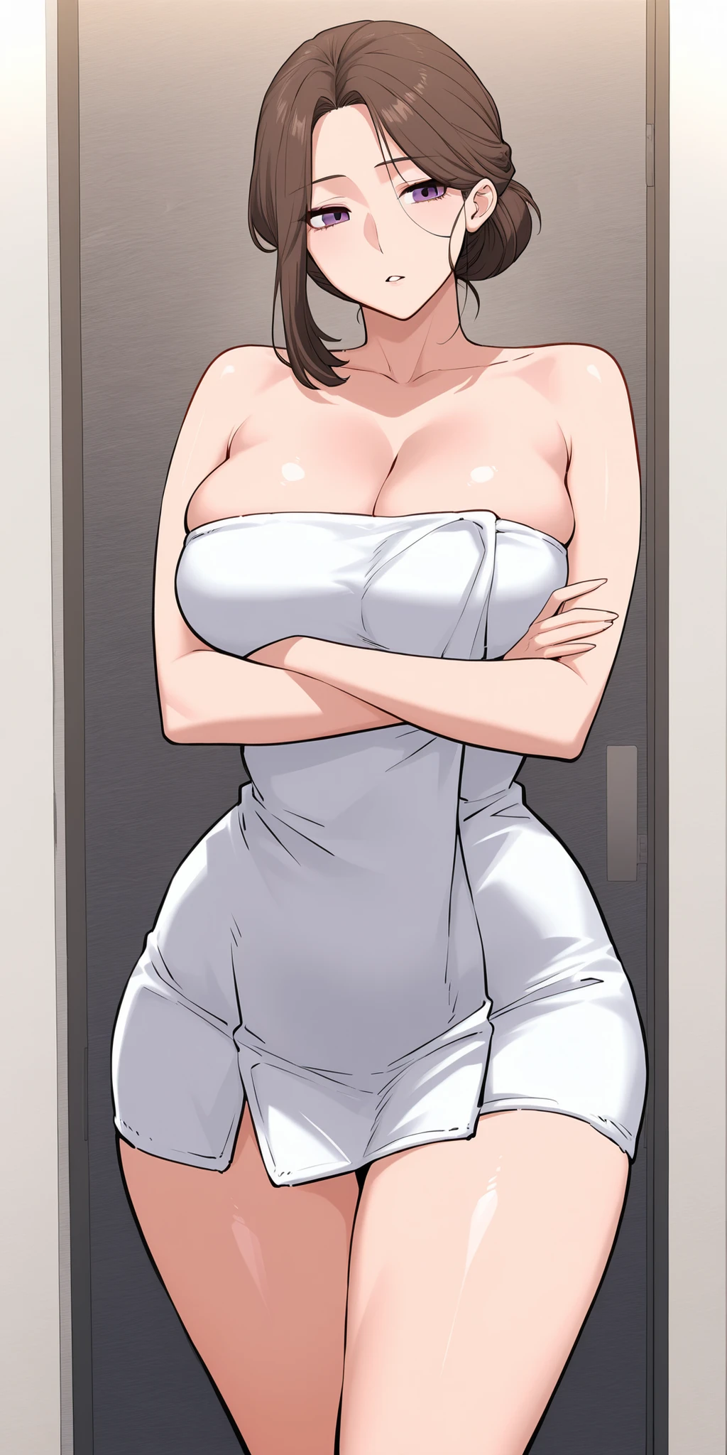 Score_9, Score_8_up, Score_7_up, Score_6_up, Score_5_up, Score_4_up, Source_anime, Tag1, Tag2, Quality_masterpiece, Anatomically correct, Detailed skin, Wide hips, Huge butt, big butt, Mature female, seductive, sexy setup, sexy body, milf, 1girl, elegant, auntjunedef, purple eyes, brown hair, medium hair, parted lips, solo, collarbone, cleavage, towel, bare shoulders, single hair bun, naked towel, thighs, crossed arms,