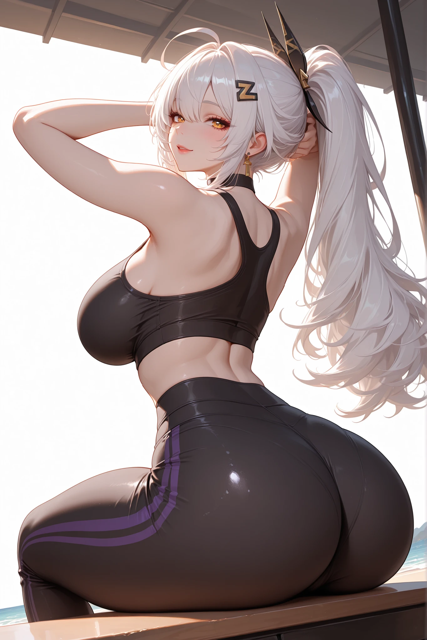 gym, exersice, workout, hot, sweating, sweaty, big boobs, lifting, yogapants,flustered, blush, black clothes, see thru, white hair, long hair, yogapants, pink headband , sexy body, lean body, headset, headphones, inside gym, exercise ball, ball, sitting on exercise ball, ball, ass, ass in shot, booty, ass on ball,yogapants, wearing pants, black yogapants, pants, pants pulled up, sfw
