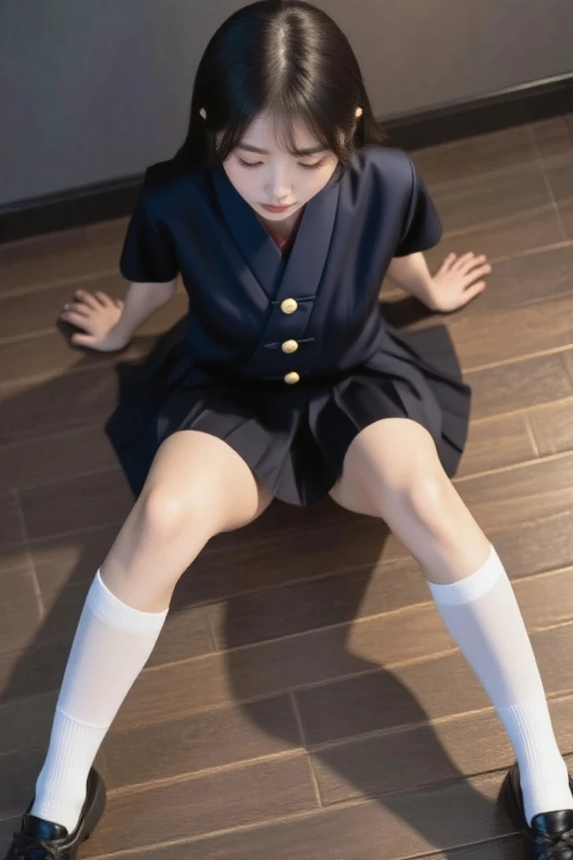 ((highest quality、8k、masterpiece:1.3)),((((fullbody shot)))),Ultra-high resolution,big eyes,Japanese,bangs,(a girl),(1 girl),((20 years old)),((facing at viewer)),(long hair),(((black sailor uniform))),grin,((squatting)),(pleated mini skirt),(((pussy))),((pubic hair)),((skirt lift)),(((short crew socks))),((loafers))