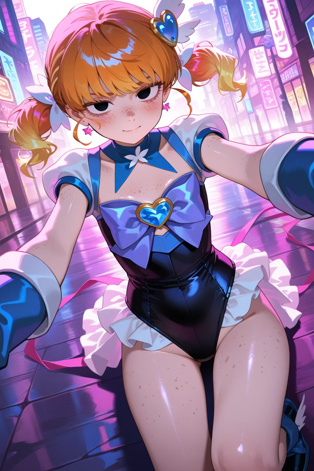 (full body),ppgzbb, blue eyes, Blonde, Twin Drill, Hair Clip, Earrings, Best, Blue leotard, sticks to the skin，boots, upright，Place hands on hips，