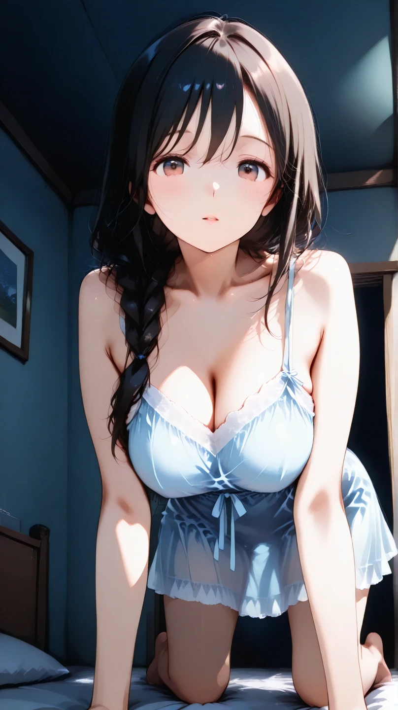 Ultra-luxurious high-rise apartment１０２Window on the floor、A beautiful girl with a super cute face、Full-body image with emphasis on upper body、(small face)、A sexy leaning forward gesture that emphasizes the cleavage of her large breasts、See-through silk pajamas、not wearing a bra