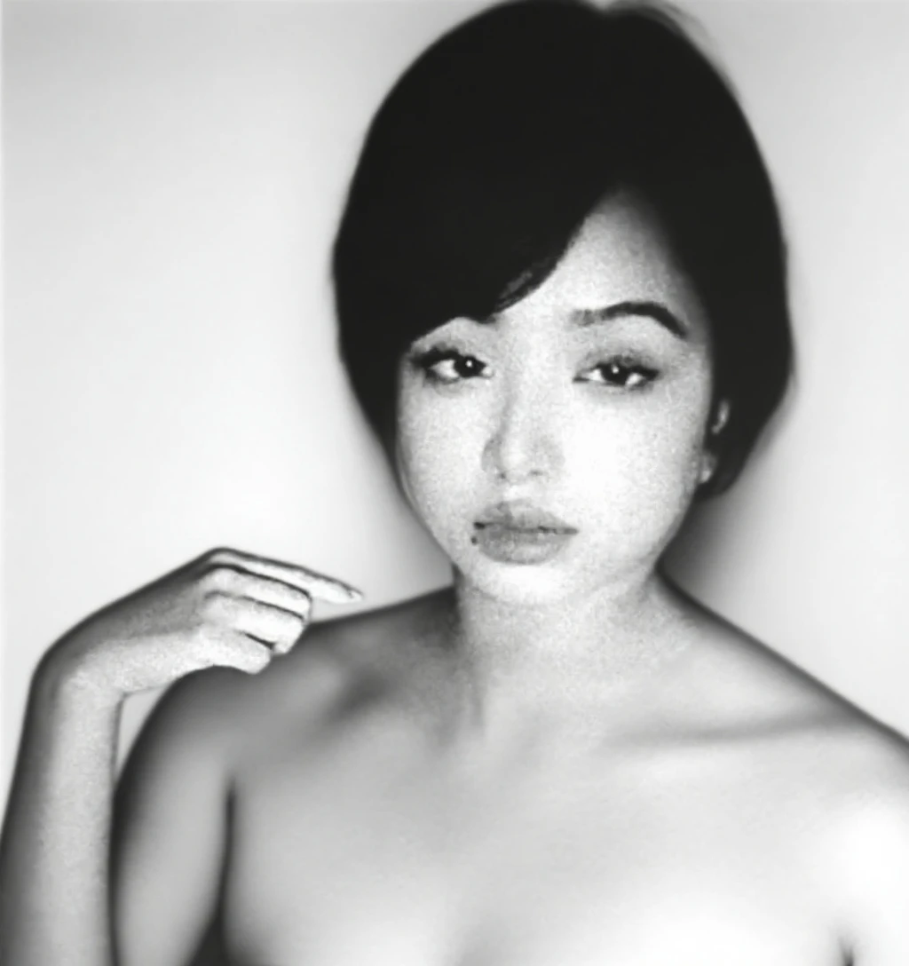 Graphite drawing of a 25yo Filipino woman, front view, full body, standing, without clothes, white background