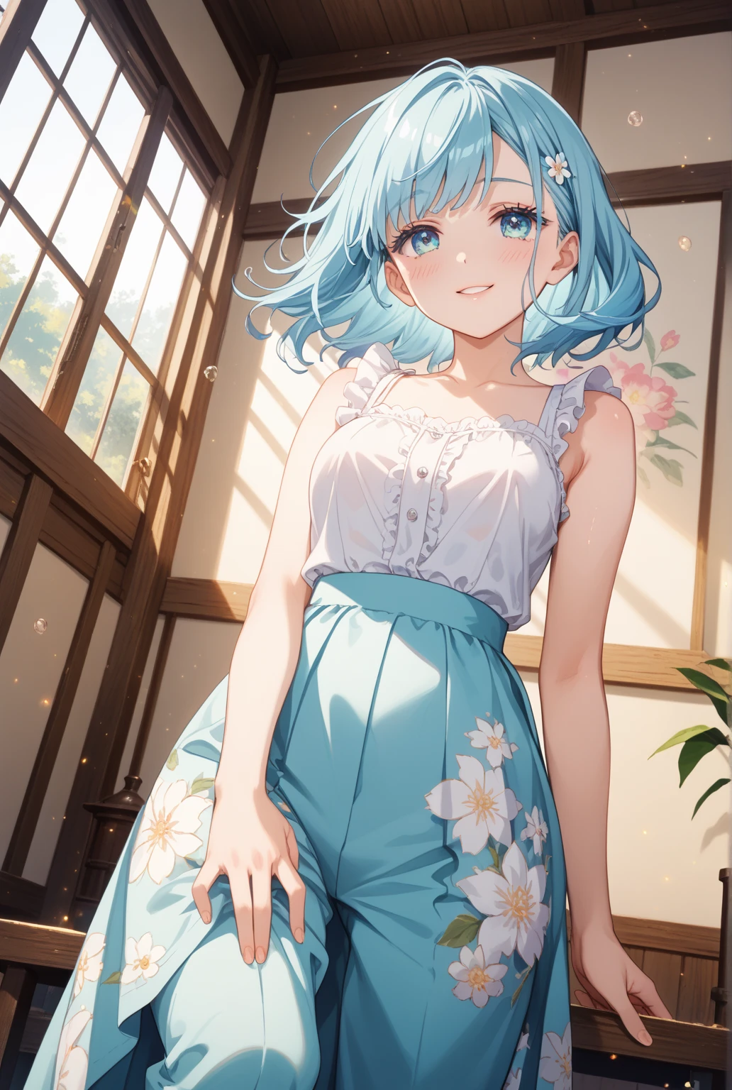 (Masterpiece), (Best Quality), Official Art, One Little Girl, Lori with Pale Light Blue Hair, Sundress, Sleeveless, Small Breasts, Cleavage, Thigh Focus