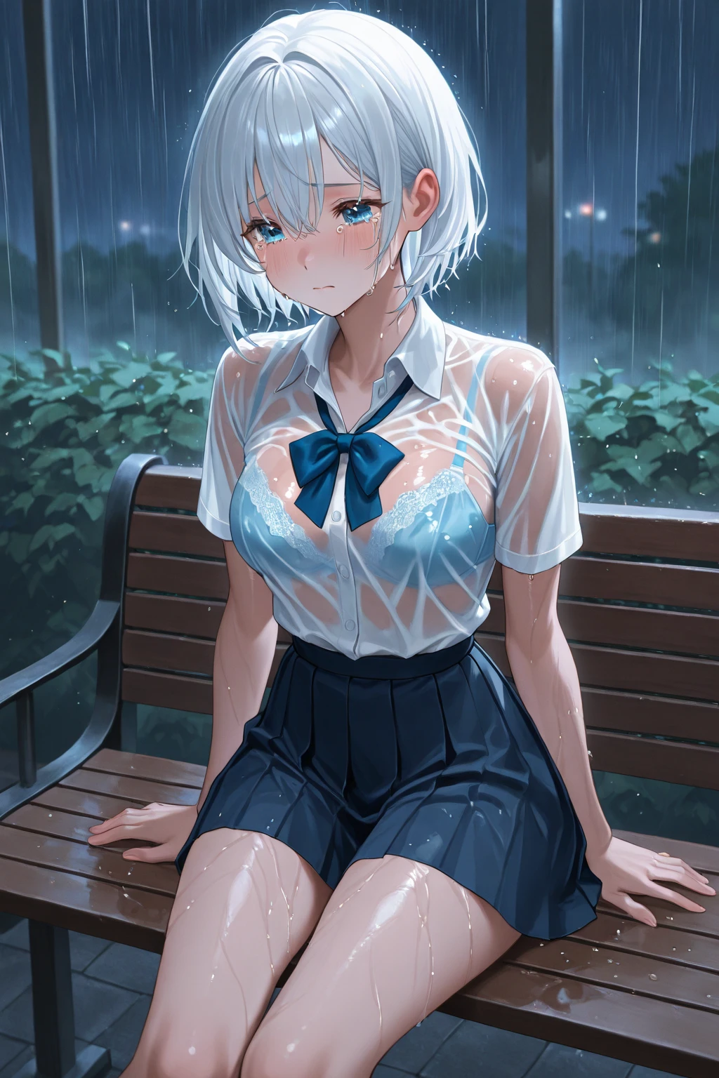 Highest quality、masterpiece、Ultra-high resolution、Wet shirt、Her chest is about to show、Bathroom、Red cheeks、blush、Feeling embarrassed、Looking up、Looking up at the viewer、Long eyelashes、Mouth slightly open、Water drops on hair、Not wearing pants、Watery eye、Written pants
