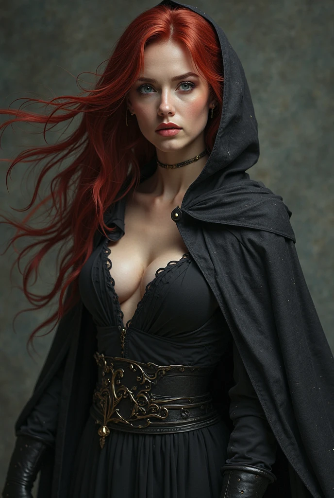 (full body shot:1) photorealistic image of a (standing pose:1) ultrarealistic, photography, long red hair, woman, 24 years old, hourglass figure, perfect body, seductive look, natural medium breasts, blur background, female grim reaper cosplay, cleavage, wearing a dark hooded cloak and wielding a scythe, she is standing in the doorway with darkness behind her and a thick mist surrounding her, blood is on the scythe, full body shot, full body, full body picture