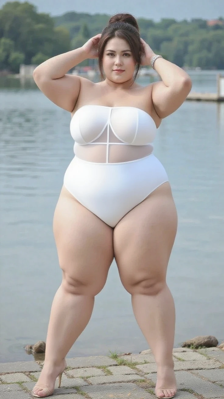 realistic, high resolution, high quality, masterpiece, fat woman, 450kg,  cute Korean girl   , big , big ass with long eyes,  thick thighs,  Muscular, makeup, beautiful plump woman , shiny oily skin,  sweaty skin, dark brown sunburned skin, light brown swimsuit , light brown high heels,   pearl necklace, pearl bracelet, , Walking , Raise your arms , underarm hair, Tired expression   , full body photo, wet clothes, bright light, at the beach, spreads its legs.