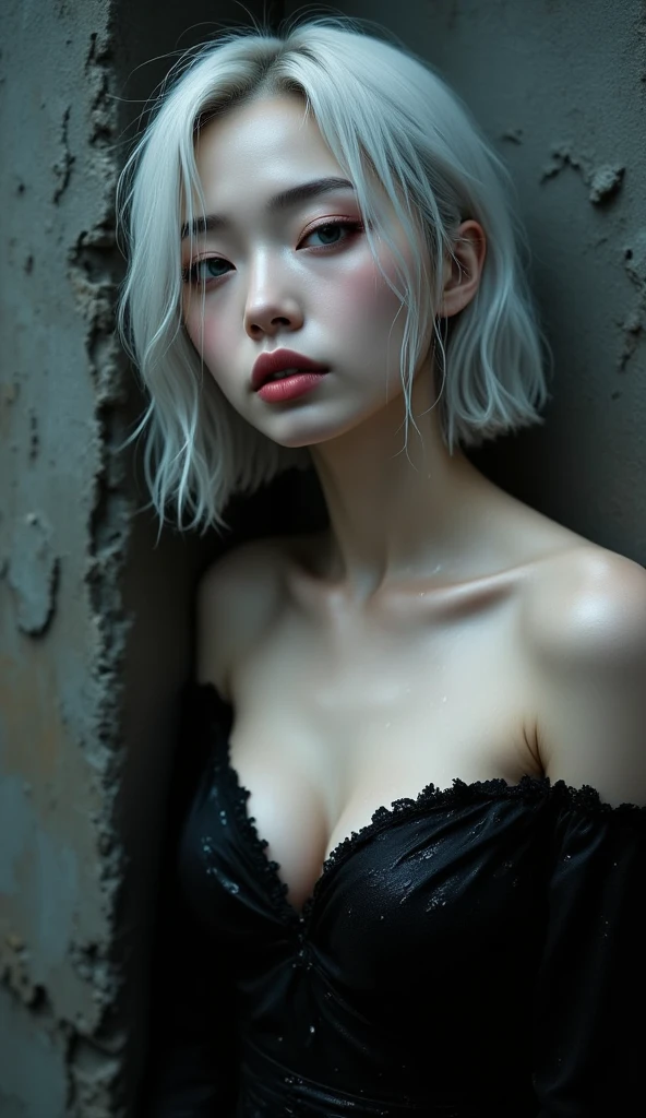 High quality, real, 1 woman, sexy, big breasts, beautiful woman, beautiful skin, pretty, cute, Korean style, exposed, silver hair, red lips, big breasts, short hair, smile, covering breasts with hands, black bikini, road