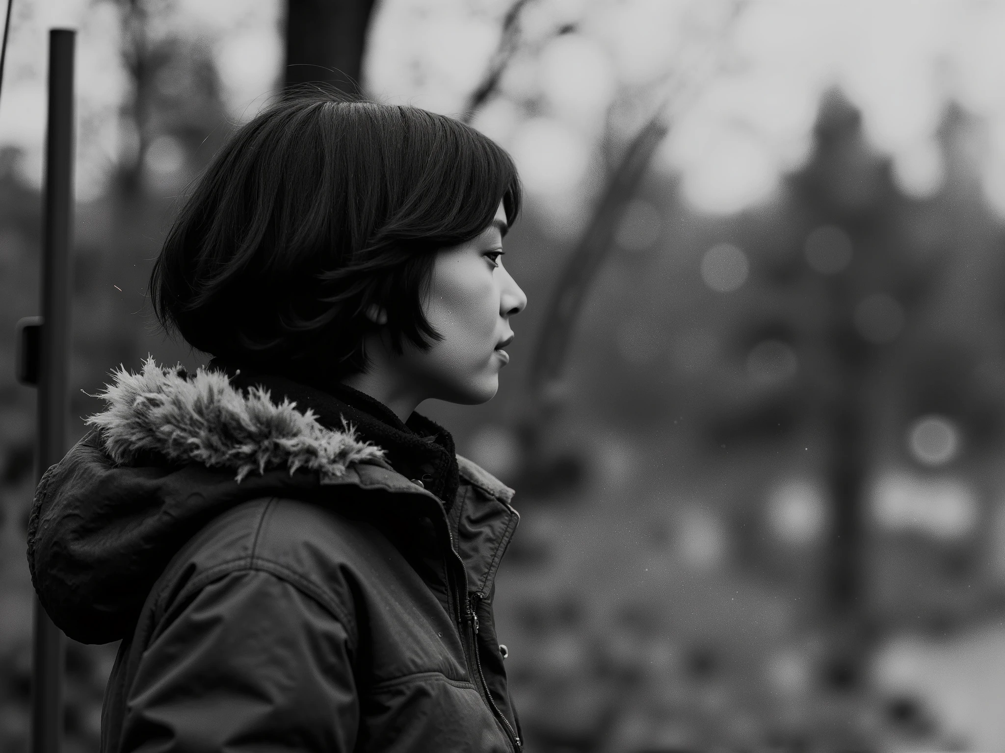 Ultra-realistic noir-style close-up of a young East Asian woman with short black hair and soft bangs, captured under soft rainfall. Her face is partially framed by the fur-lined hood of an oversized army-green parka, slightly damp from the rain. She gazes off into the distance with a distant, melancholic expression, her eyes unfocused as if lost in thought. Water droplets cling to her hair and jacket, while a blurred metallic fence and wet asphalt in the background reflect the diffused ambient light. The scene features a dramatic shallow depth of field, moody contrast, soft shadows across her cheeks, and fine cinematic film grain. The atmosphere is cold, contemplative, and emotionally immersive — a still moment of quiet introspection in a rain-soaked industrial setting.