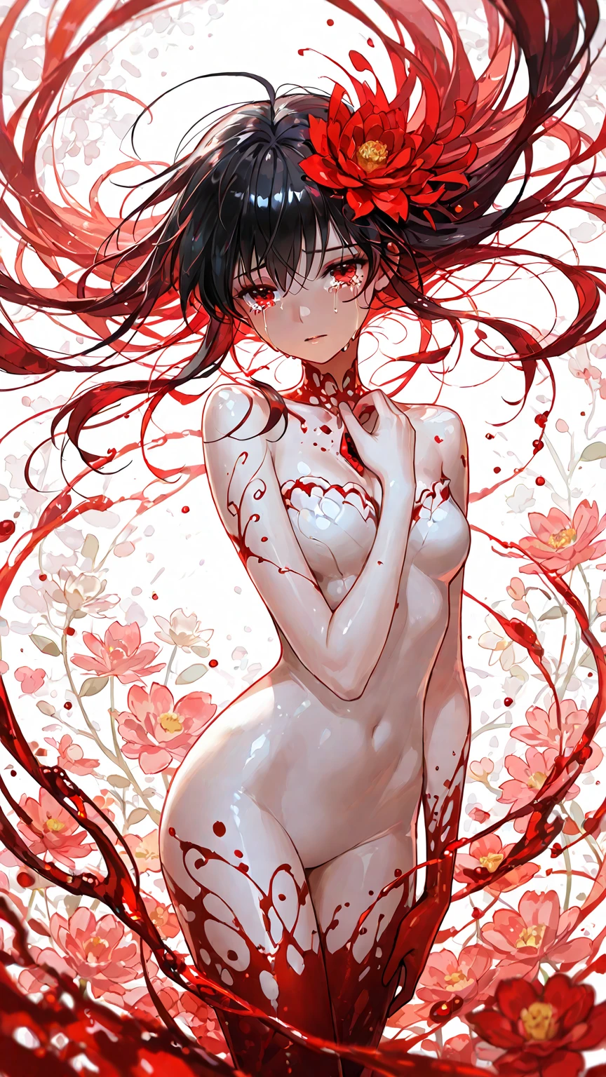 (​masterpiece、top-quality、Official art:1.2)、Look at viewers、((girl with wine red hair))、独奏、（Nude posture）Kamishima、bubble fragments scatter、in a clear wine glass，Colorful water levitation、(2D:1.5)