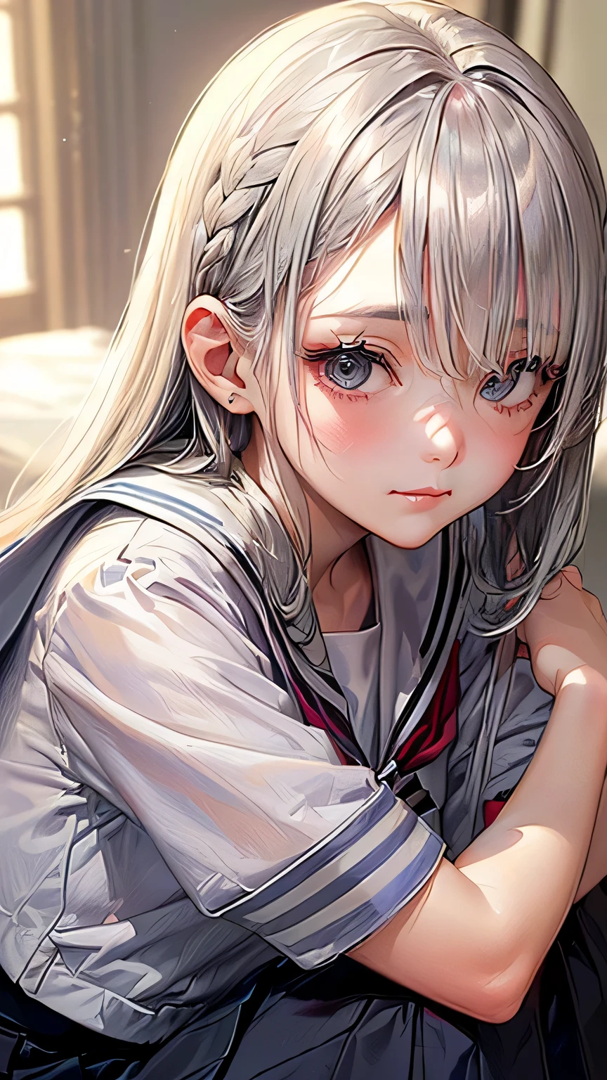 Blushing lightly and smiling, (Top quality masterpiece:1.2) Delicate illustrations, Very detailed, /Beautiful Japanese Woman、1 person,Very cute and slim、Excellent style 、((8K images、super high quality))、Very delicate face, beautiful forehead、Red lipstick,(((((Long Hair、Gradient Hair、Silver Hair))))),Very cute Japanese cut face、Eyes and nose are clearly visible、Kind eyes,(White shirt、Tight Skirt)、coastal、Summer sunshine、Sweat