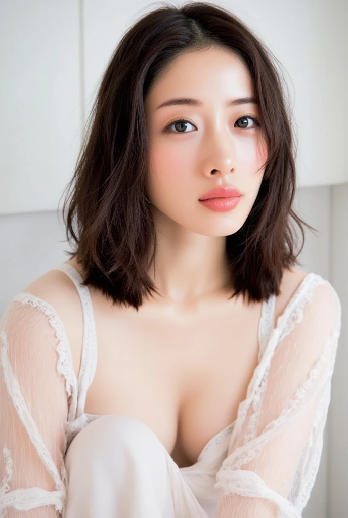 25 years old woman, bokeh, (photorealistic:1.4, realistic),1girl, ((thick body:0.8)) ((large breasts:0.8)), looking at viewer, (HQ skin:1.4), ((((white dress)))), ((indoor room , white background)), <lora:Dasol-V1:0.8>