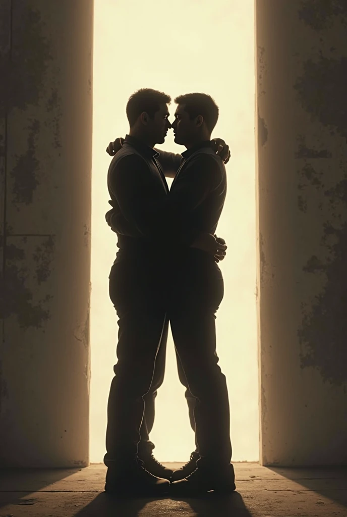 2 boys, yaoi, Stunningly Handsome man, looks exactly like jeff stryker, medium length curtain hairstyle, muscular bodybuilder, kiss, with a handsome korean man, back leaning against jail bars, in dark depressing prison cell, grabs his own breasts, flaccid, uncut penis, flaccid, dripping precum from penis, editorial photoshoot style, extremely dramatic shadows