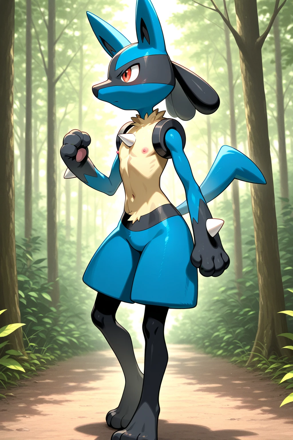 by Zackary911, kenket, kilinah, Zackary911, (((Lucario, woman, breasts, antrum, extremely detailed, extremely detailed legs, extremely detailed arms, extremely detailed face, perfectly detailed eyes, perfectly detailed anatomy))): 1.2, solo, perspective, curved thighs, huge thighs, curvature, embarrassed smile, (tail), totally blushed, nervous, looking at the viewer, red eyes, looking back, excited look, heart, sweat, heart, symbol-shaped_pupils, heart-shaped pupils, half-closed eyes, cowboy shot, happy, underwear, bent over, leaning forward, Face of pleasure, Breathless, kneeling, forest, Brown bra, Brown loincloth, native, native tattoos