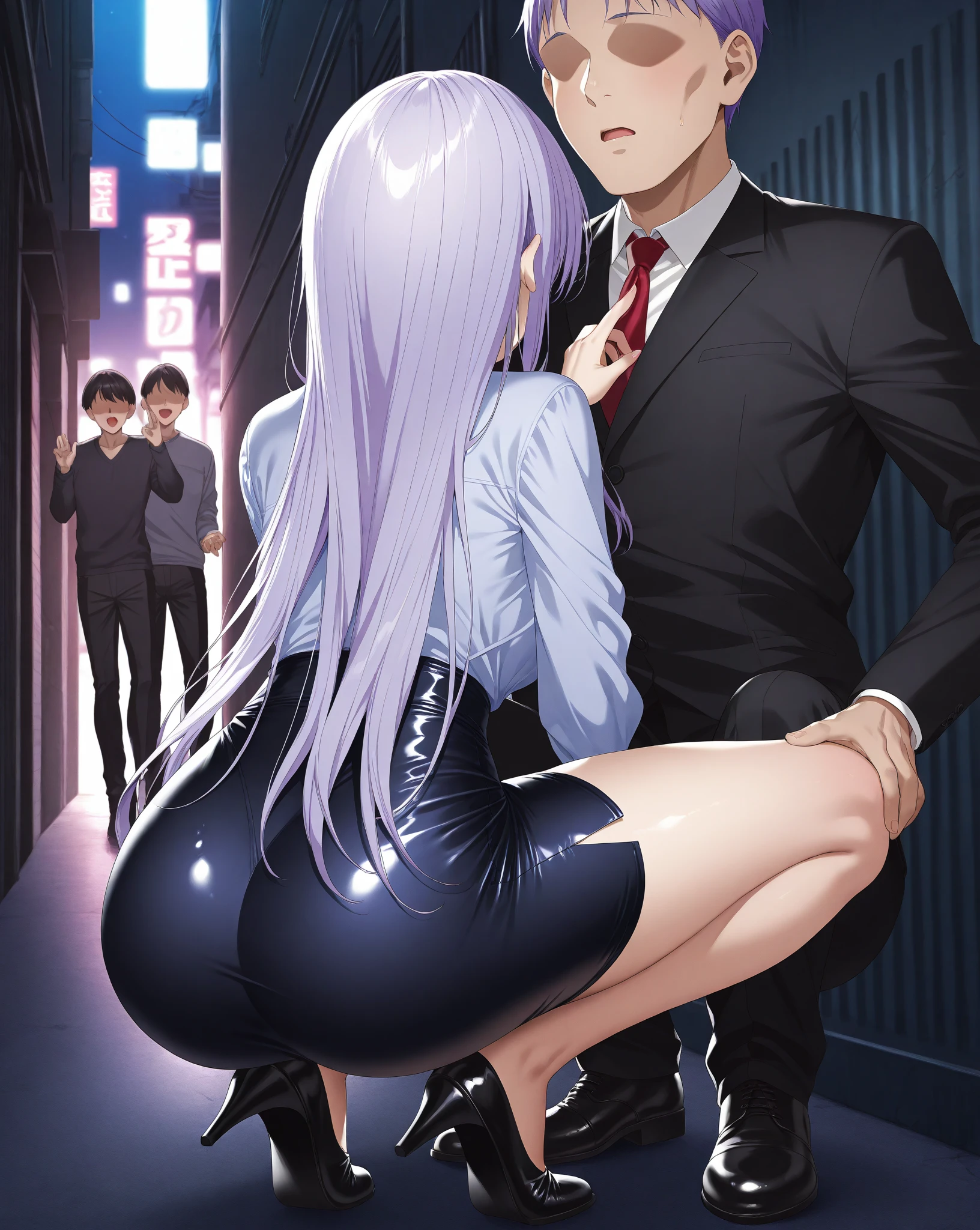 ((((full body shot)))),1people々 girl,((Haruno YukinoshitaFull Body)),Purple Hair ,(masterpiece:1.2), highest quality, (((Thin legs))),((((High resolution)))), unity 8k wallpaper, (shape:0.8), Highly detailed face, Perfect lighting, Extremely detailed CG,((((Shibuya Scramble Crossing)))),((((Big Breasts)))),(((((office lady)))),((((suit)))),((Black tight skirt)),(((Black long boots))),((((Black pointed toe))))、((((Black stiletto heels))))、((((Thin legs)))),short hair,(((Hand in))),Panchi et al.,((smile)),(((Peeing from the crotch))),,(((((vaginal))))),((((((sex)))))),((((penis)))),(penis),(((fellatio))),(((Stand leaning forward)))
