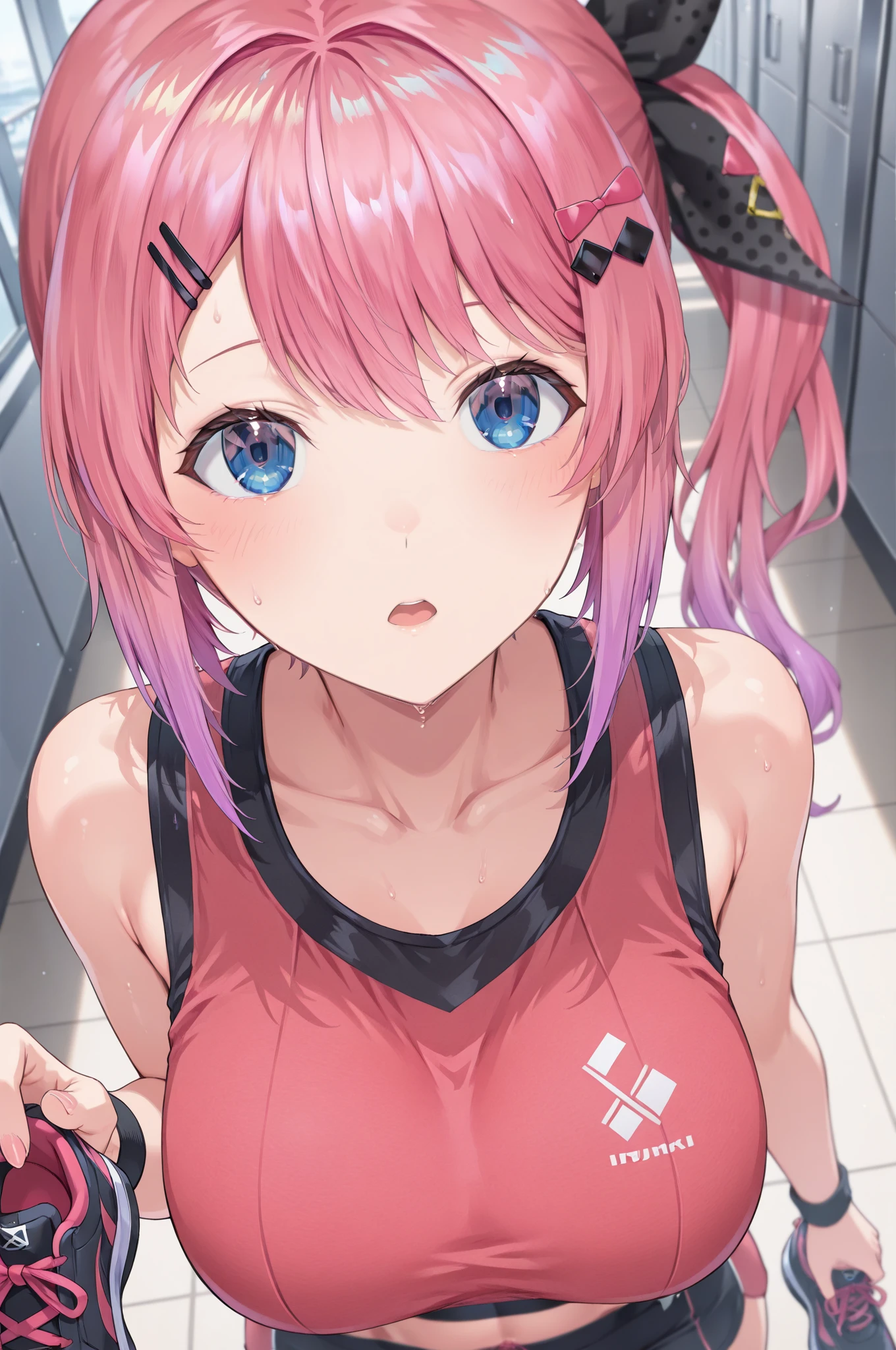 animetoreal,soft light, masterpiece, best quality, realistic,photorealistic,1girl,,momo_velia_deviluke, to_love-ru, to_love-ru_darkness, 1girl, purple_eyes, pink_hair, short_hair, breasts, demon_tail, hair_flower, hair_ornament, sainan_high_school_uniform, white_shirt, black_thighhighs, ,in gym,mole under eye,blur background,background defocus,from above
