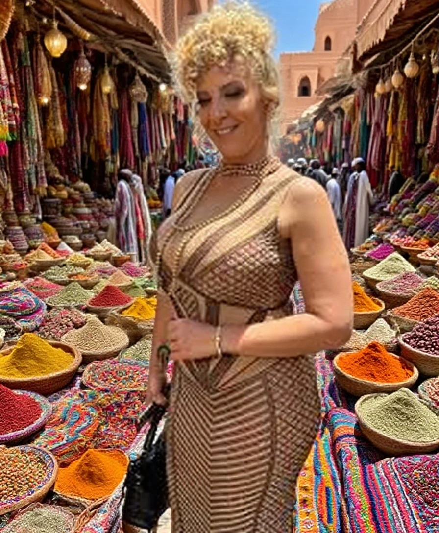Beautiful blonde woman, Market, Clothes, Vibrant colors, Elegant, Stylish, Fashionable, Vibrant atmosphere, Bustle, Unique patterns, Refined details, Eye-catching accessories, Luxurious fabrics, Stunning designs, Runway-worthy outfits, Stalls and stalls, Diverse merchandise, Produce Freshness, flower arrangements, spices and herbs, fragrant aroma, bustling crowd, friendly vendors, bargaining, enjoying the experience, confidence and poise, statement, standing out from the crowd, flawless makeup, perfectly styled hair, runway worthy walk, admiring glances, positive energy , smiling faces, unforgettable moments