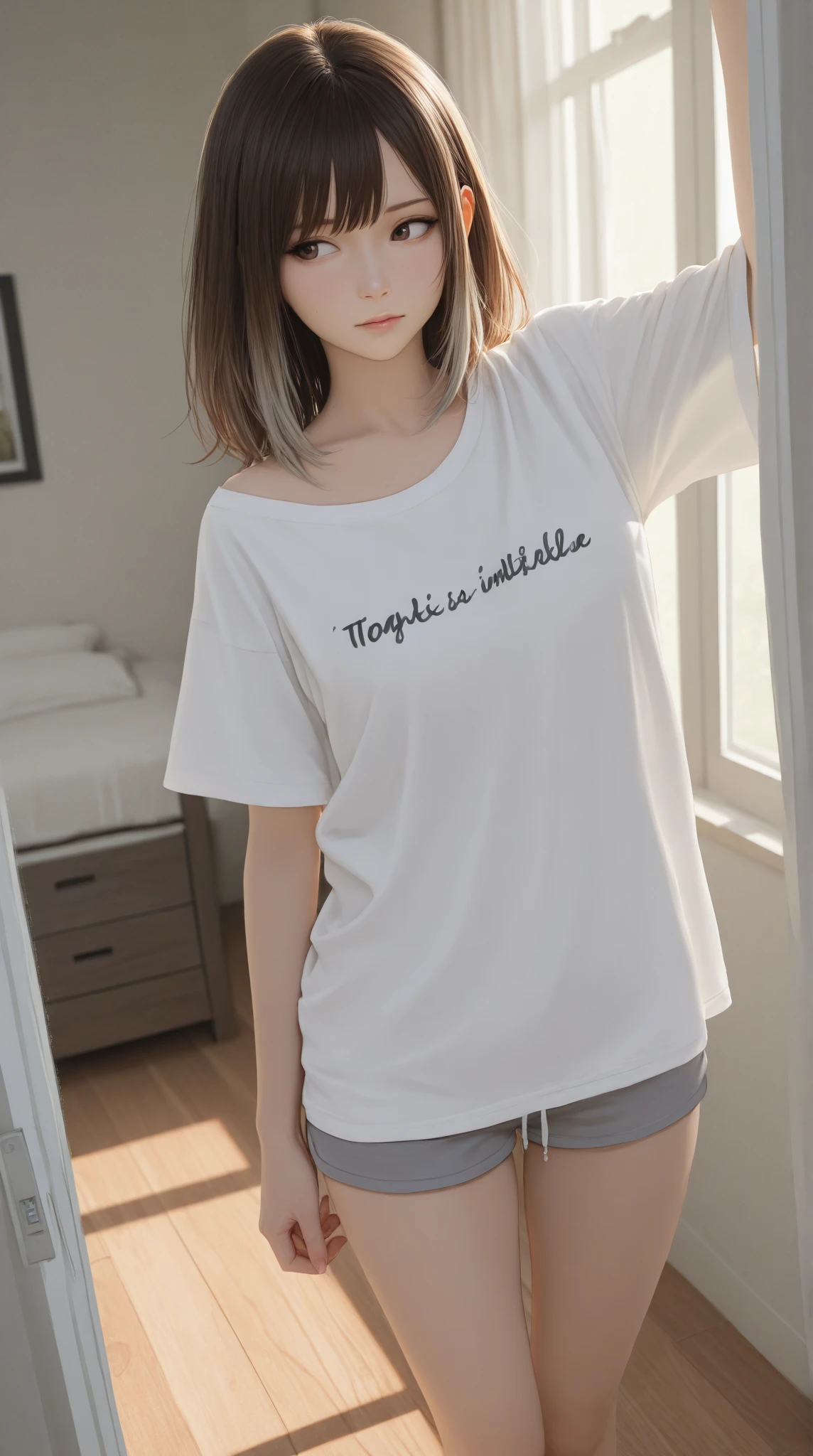 High level image quality、high quality、High resolution、masterpiece、detailed、Strobe photography)、smile、((He is very kind, has a good personality, and is liked by everyone...))、、light brown short hair、(being thin:1.4)、(small breasts:1.4)、(White T-shirt and jeans 1.3)、Show your armpits and put your hands on your hips、The diagonal pose is so cute and nice