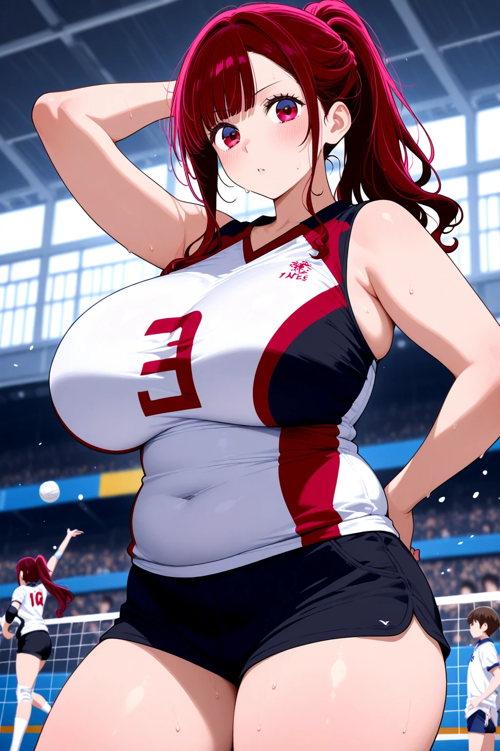 (8K,Highest quality,masterpiece:1.2),(detailedな瞳),(detailed),(detailedな手指),High quality CG Unity 8k Huge file size,Two arms、Two hands、Ultra fine,High resolution,Beautiful Eyes,woman、Ray Tracing,Dramatic Shadows,delicate,Hyper Detail,((Volleyball Player))、Bloomers、Red Hair Long Hair、gigantic breast、Big Ass、Big thighs、(Very wet)、Cowboy Shot、Blushing、(Facing the front of the body)、((squat))、very hot、Sweat a lot、(((White Breath)))、(((Haa)))、Embarrassing、((View your viewers))、((Spread your legs wide))、(Keep your hands behind your head)、Open your mouth vertically a little、(I can see my belly button)、(Show your side)、Composition looking up from a little below.、(Simple Background)、sister