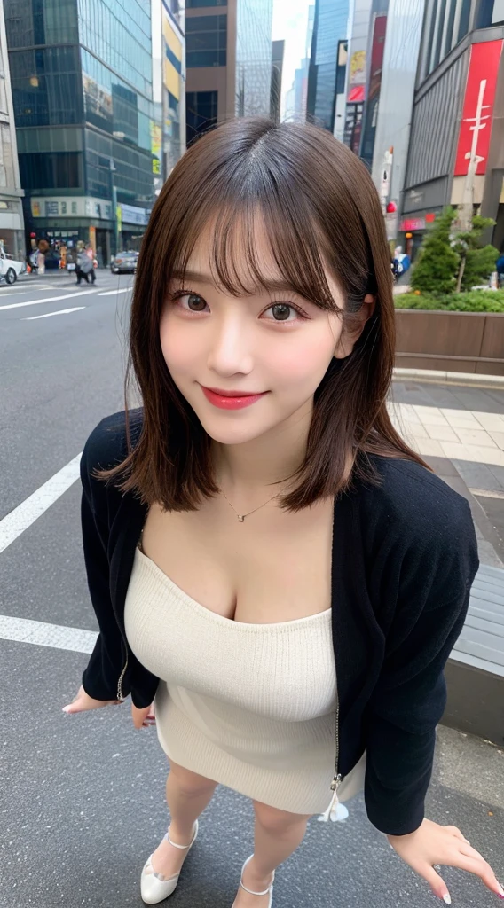 table top, highest quality, shape, Super detailed, finely, High resolution, 8k wallpaper, 完璧なダイナミックな構shape, beautiful and detailed eyes, dress,medium hair, ,big and full breasts, natural color lip, random sexy pose,smile,Tokyo city、20 year old girl,cute,Full body Esbian、