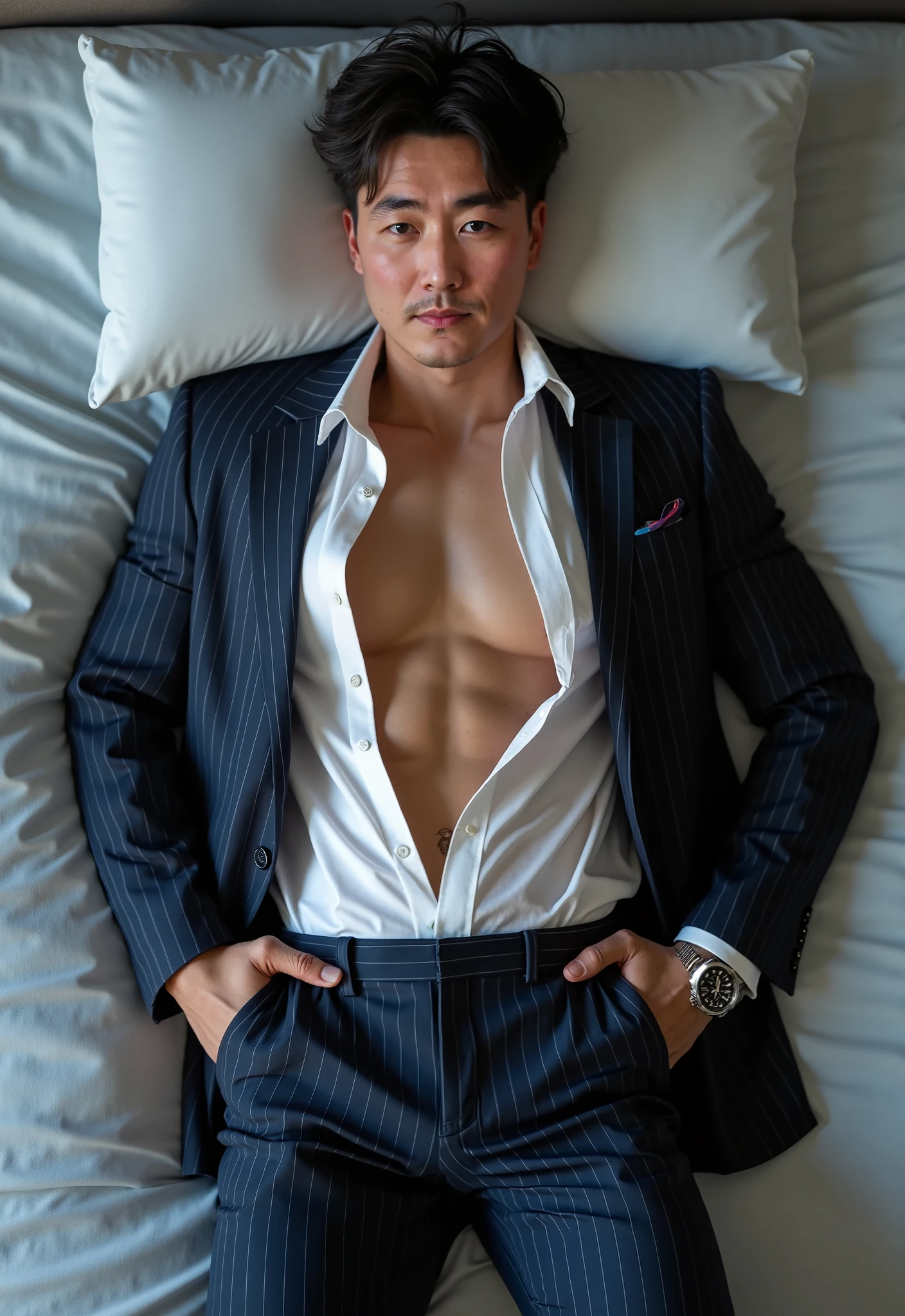 50 years old,Hidetoshi Nakata,(Kogoro Mouri 1.3),Shirtless muscular man,mustache,Eye,Suit,on the bed,sexy pose,top view,black stockings,Light blue sexy underwear