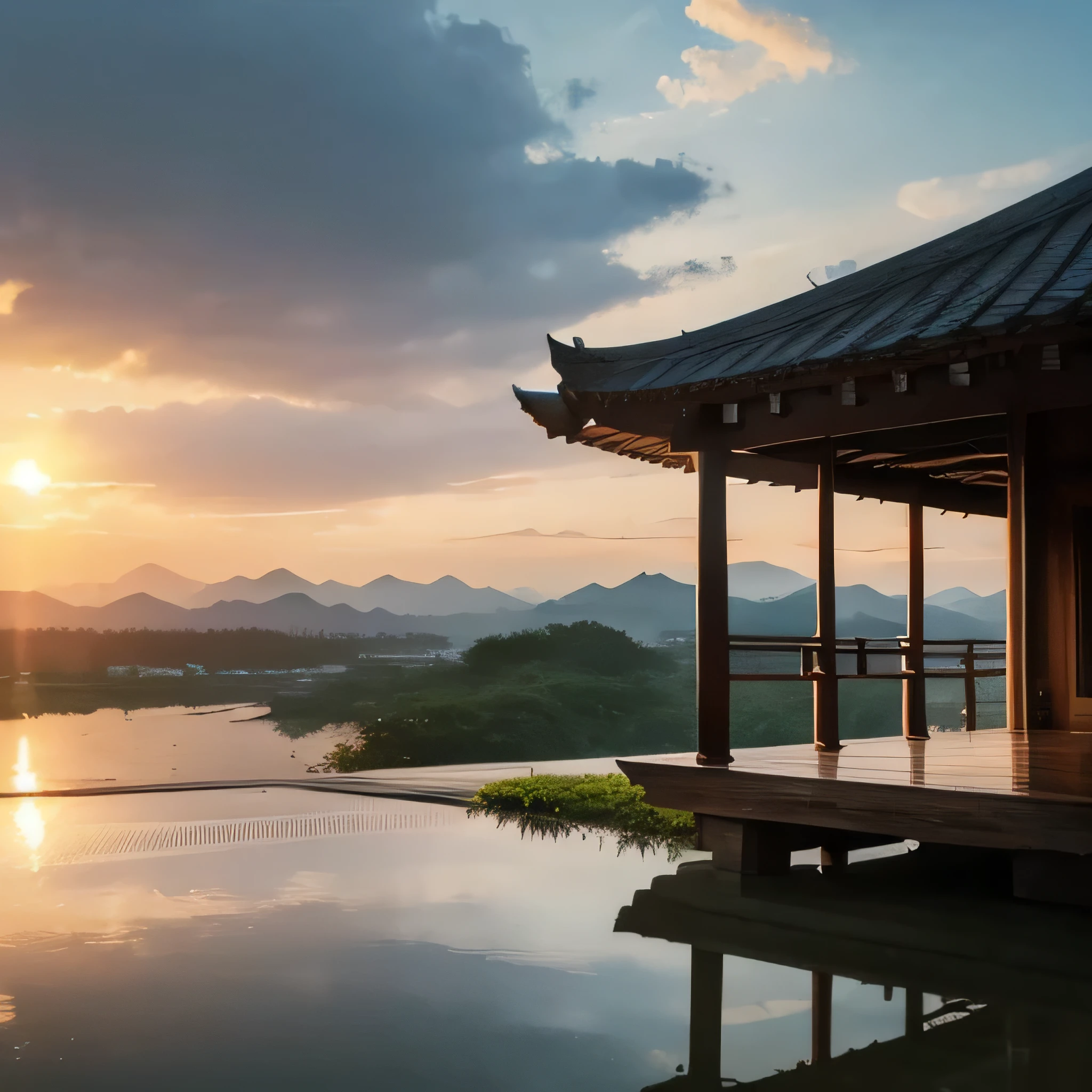 software, from the side 1 girl , Solo Focus , throw, EXTRA WIDE ANGLE , landscape, East Asian Architecture, sunlight, Sunrise, floating, cloud, null, rain, water, full body, Outdoors, scenery, depth of field