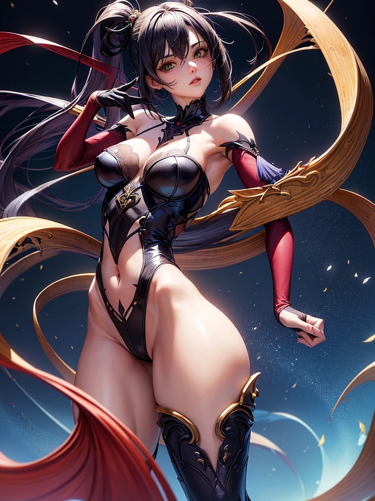 ((Full body photo,standing, feet on the ground)), Saria has large breasts, helmet on her head, black color with golden parts/futuristic Egyptian costume, Egyptian necklace on her neck, extremely tight on her body, (in an ancient city raining hard and thundering), she has (short red hair, blue eyes), is with her hands closed, landing for the viewer,  extremely exhibitionist, is looking at the viewer, manic smile, face with red cheek, (hair, body and clothing all wet, moistened and transparent clothing, light makeup on the face, Futurism, 16k, UHD, retina, masterpiece, ccurate, anatomically correct, best quality, high quality, textured skin