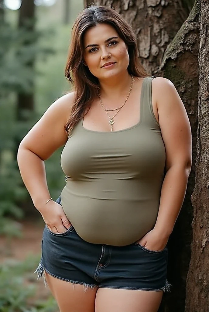 ((best quality)), ((masterpiece)), (detailed), perfect face, araffe woman in a long dark green shirt and 1/3 white denim skirt walking in black room , thicc, wavy short hair , yellow hair , she has a jiggly fat round belly, bbwchan, wearing tight simple clothes, skinny waist and thick hips, widest hips, her belly is fat and round, soft curvy shape, hyperrealistic full figure, wearing a cute top, wide hips, wearing 10 bracelet , wearing huge diamond necklace , slightly fat cheeks , glasses , fat arms