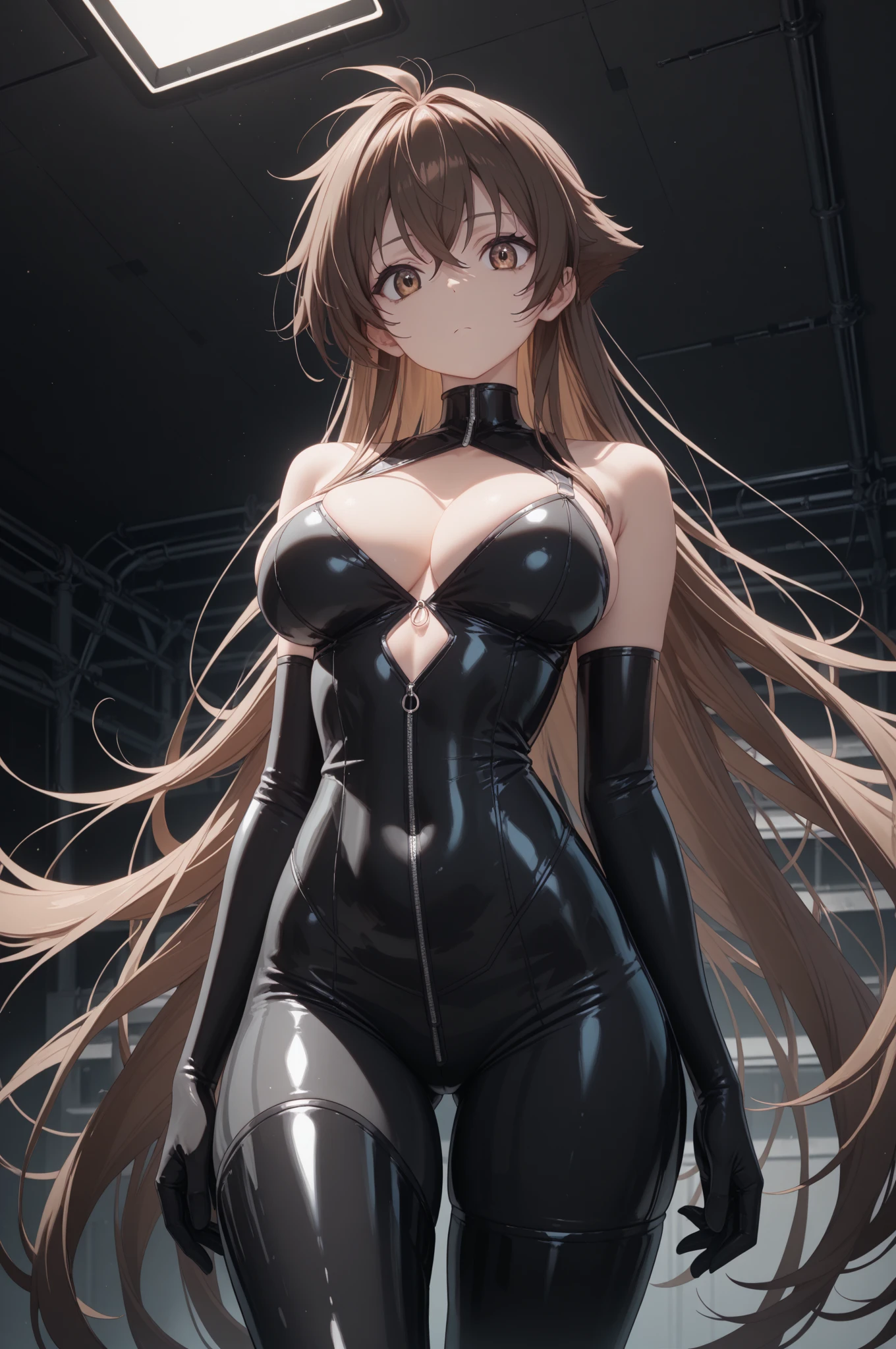 ((masterpiece,best quality anime,Highest quality:1.3)),realistic,cowboy shot,Mature Beauty,独奏,1woman,((very small head:1.3)),ideal ratio body proportions,tan skin,brown hair,bangs,straight long hair,gorgeous eyes,brown eyes,smile,(Black leotard bodysuit、clavicle),((slender body,skinny,toned body)),small breasts,sweat:1.3,gleaming skin,shiny skin,standing,((Abandoned Factory)),at night、Modern Tokyo、
