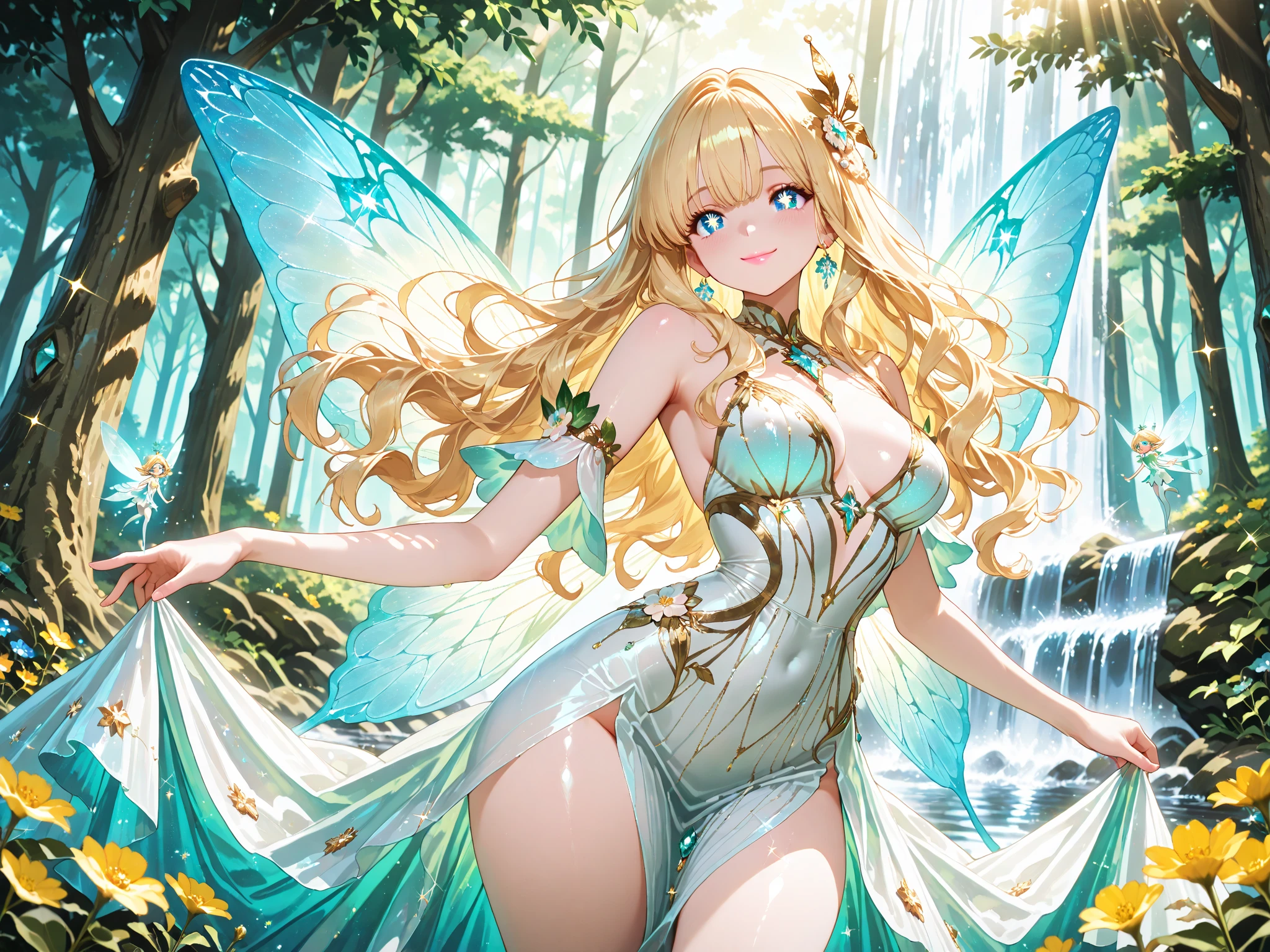 background A beautiful lake in a cave
Fairy on the shore of the lake in the cave
Lakea cartoon character with a butterfly tail and dark hair posing in panties, 1girl, solo, breasts, fairy, wings, fairy wings, thighhighs, blonde hair, pointy ears, bridal gauntlets, long hair