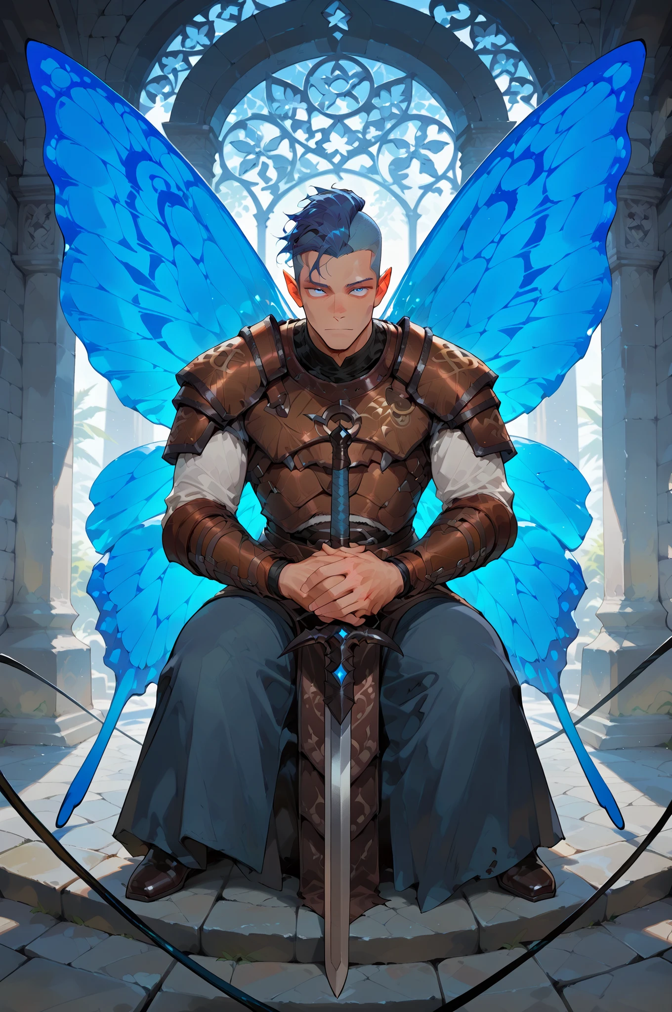 masterpiece, best quality, amazing quality, very aesthetic, high resolution, newest, hyper-detailed, (long shot),solo , 1 men ((fairys)),gentle smile; mature man blue hair, short hair, mohawk cut ((butterfly wings)) leather armor, armed with a cristal whip-sword , fantasy theme, front to the viewer, fan art, absurdres, amazing temple background, depth of field