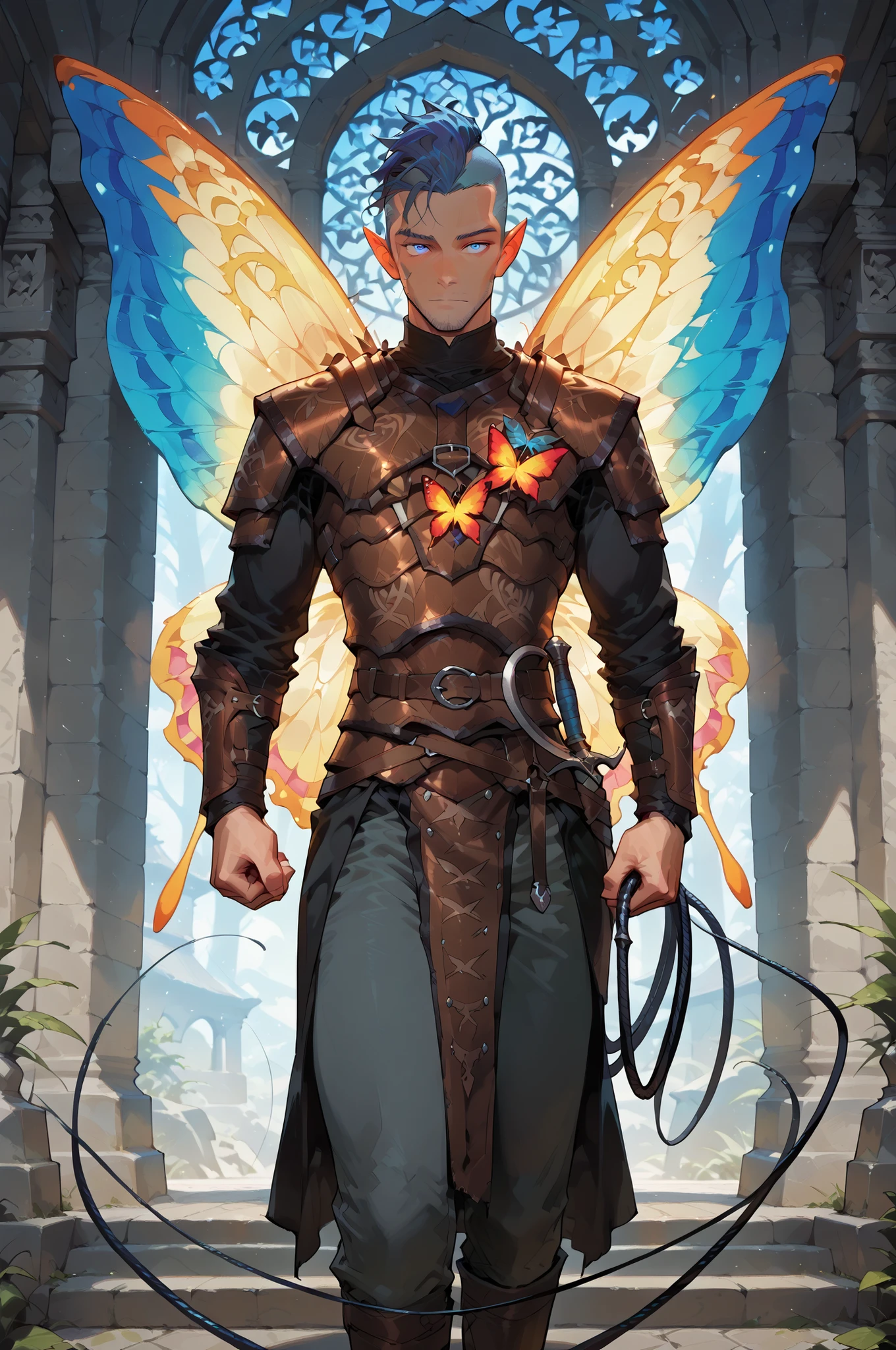 masterpiece, best quality, amazing quality, very aesthetic, high resolution, newest, hyper-detailed, (long shot),solo , 1 men ((fairys)),gentle smile; mature man blue hair, short hair, mohawk cut ((butterfly wings)) leather armor, armed with a cristal whip-sword , fantasy theme, front to the viewer, fan art, absurdres, amazing temple background, depth of field