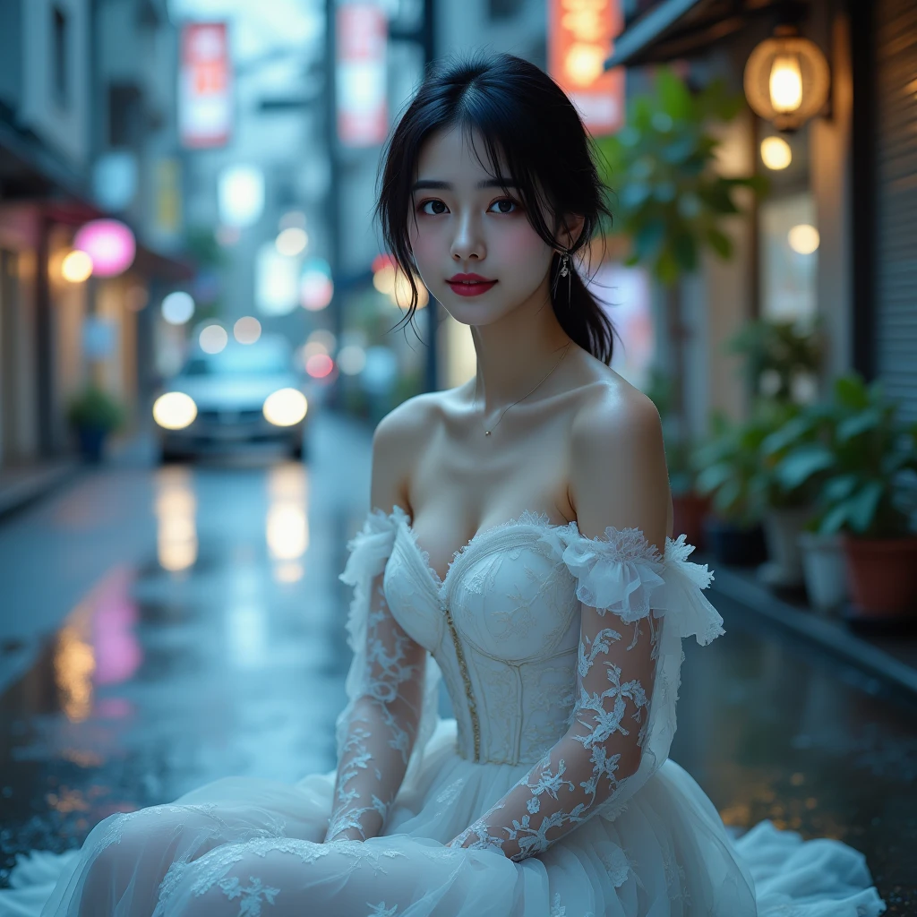 (8k, RAW photo, best quality, masterpiece:1.2), (realistic, photo-realistic:1.37),1girl,cityscape, night, rain, wet, professional lighting, photon mapping, radiosity, Chinese Doll,torn ,chemise, large breasts,nurse, wedding dress