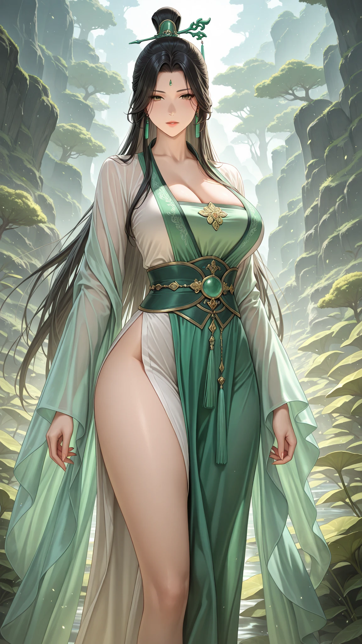 (Picture a colossal woman :1)) (in green fetish dress) standing amidst a forest, her towering figure casting a shadow over the diminutive trees that barely graze her ankles. The majestic forest, filled with lush greenery, seems miniature in comparison to her immense presence. The woman's colossal form serves as a striking juxtaposition against the delicate foliage, emphasizing her power and dominance in this magical realm of stable diffusion. Let the colors and textures blend seamlessly, capturing the awe-inspiring sight of a giantess amidst a world of miniature wonders. photorealistic , realism , 8k , 1.4 Official art,ultra - detailed , best quality