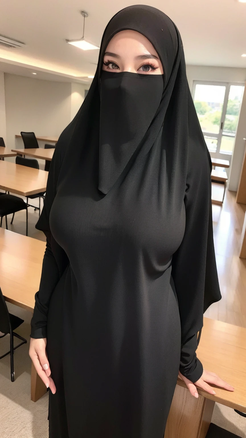 8K, high quality, nice lighting, soft lighting, realistic, dark eyes, sexy, big breasts, thighs, wide hips, arabic dress, black dress, Jewelry, sexy lady, asian, hijab, niqab, sexy pose, showing big thighs, nice body, natural largest breast, wearing rings for woman, office girl, sexy posing, hand sock, mature woman
