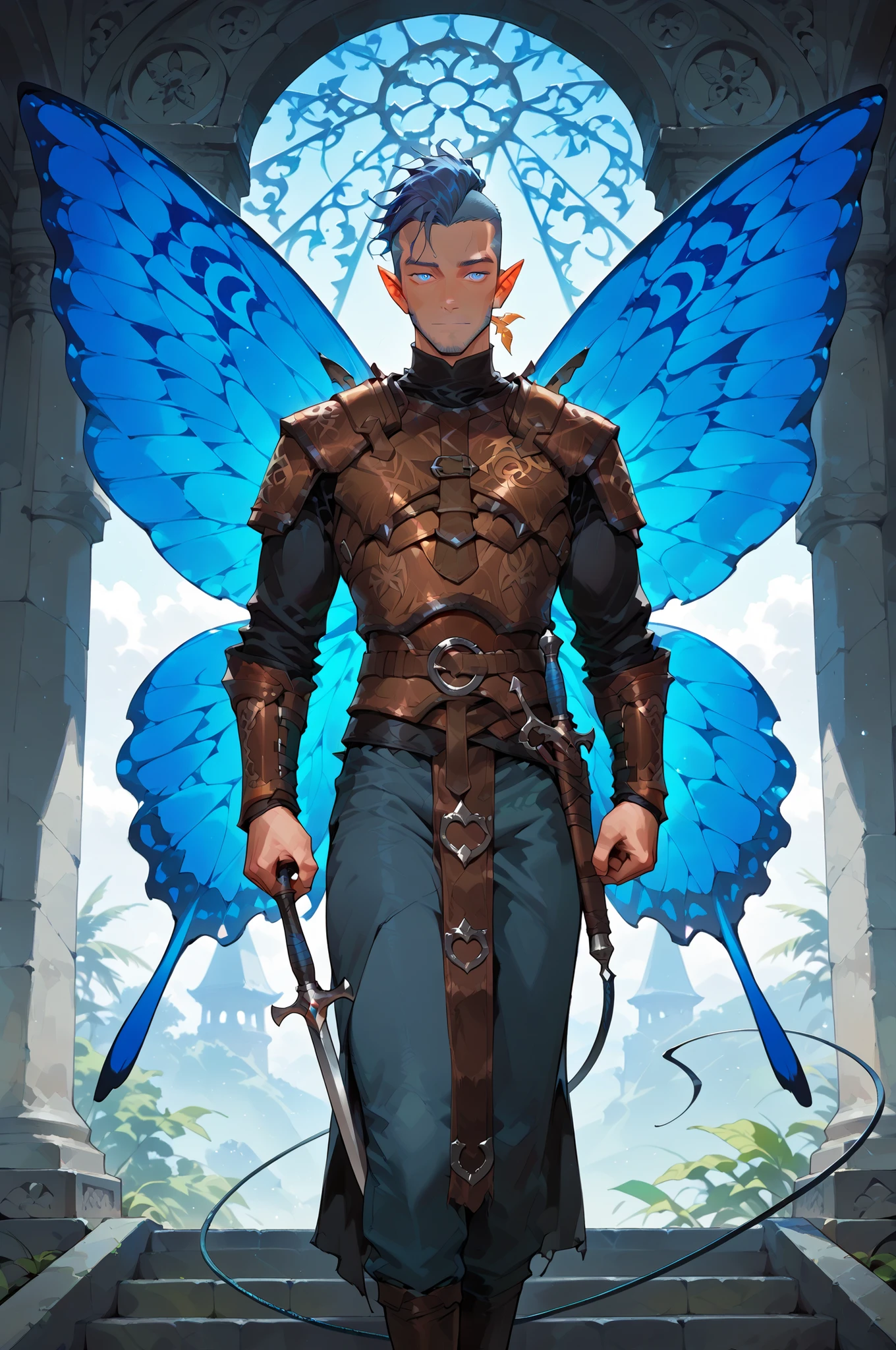 masterpiece, best quality, amazing quality, very aesthetic, high resolution, newest, hyper-detailed, (long shot),solo , 1 men ((fairys)),gentle smile; mature man blue hair, short hair, mohawk cut ((butterfly wings)) leather armor, armed with a cristal whip-sword , fantasy theme, front to the viewer, fan art, absurdres, amazing temple background, depth of field