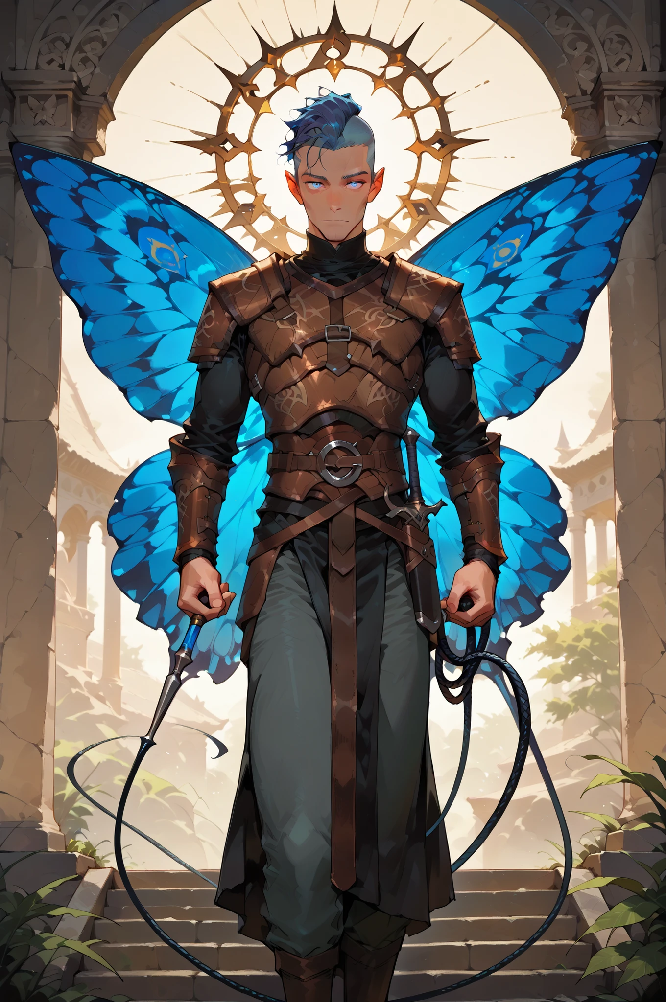 masterpiece, best quality, amazing quality, very aesthetic, high resolution, newest, hyper-detailed, (long shot),solo , 1 men ((fairys)),gentle smile; mature man blue hair, short hair, mohawk cut ((butterfly wings)) leather armor, armed with a cristal whip-sword , fantasy theme, front to the viewer, fan art, absurdres, amazing temple background, depth of field