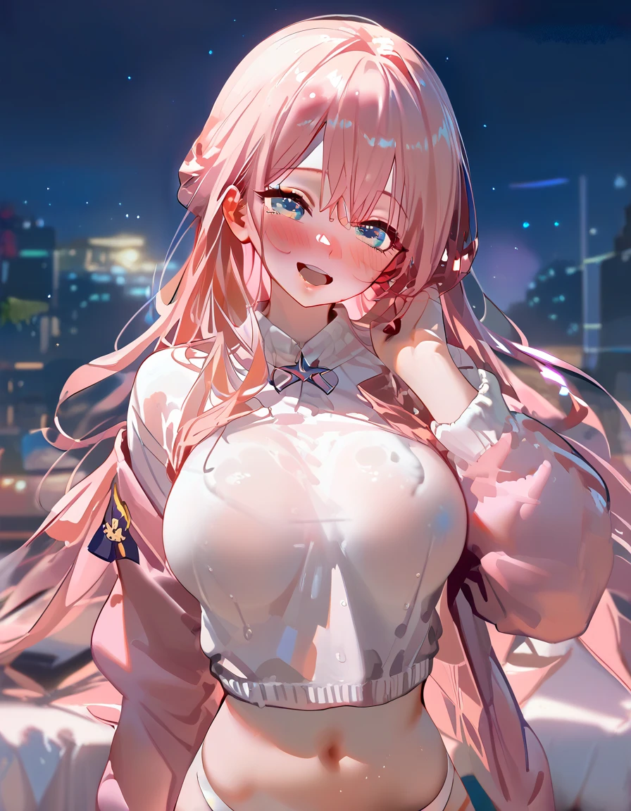 1girl,official art, masterpiece, sharp focus, (beautiful gorgeous cute Korean woman:1.3), (beautiful cute korean:1.3), korean beauty, Delicate and beautiful hair and eyes and face, realistic, ultra detailed, beautiful girl, blue sky, glow white particle, (sidelighting:1.2), sun light, white cloud, detailed clouds, slender, Lovely very large breasts and very large hips, smile with teeth, ((smile with eyes, open both eyes)), scenery, long straight hair, sexy facial expression, building, (cityscape:1.7), dynamic hair, long straight hair, detailed platinum pink hair, glow blue eyes, (blue pleated shirts + white skirt), white long socks, pale skin, hair ornament, epic scenery,