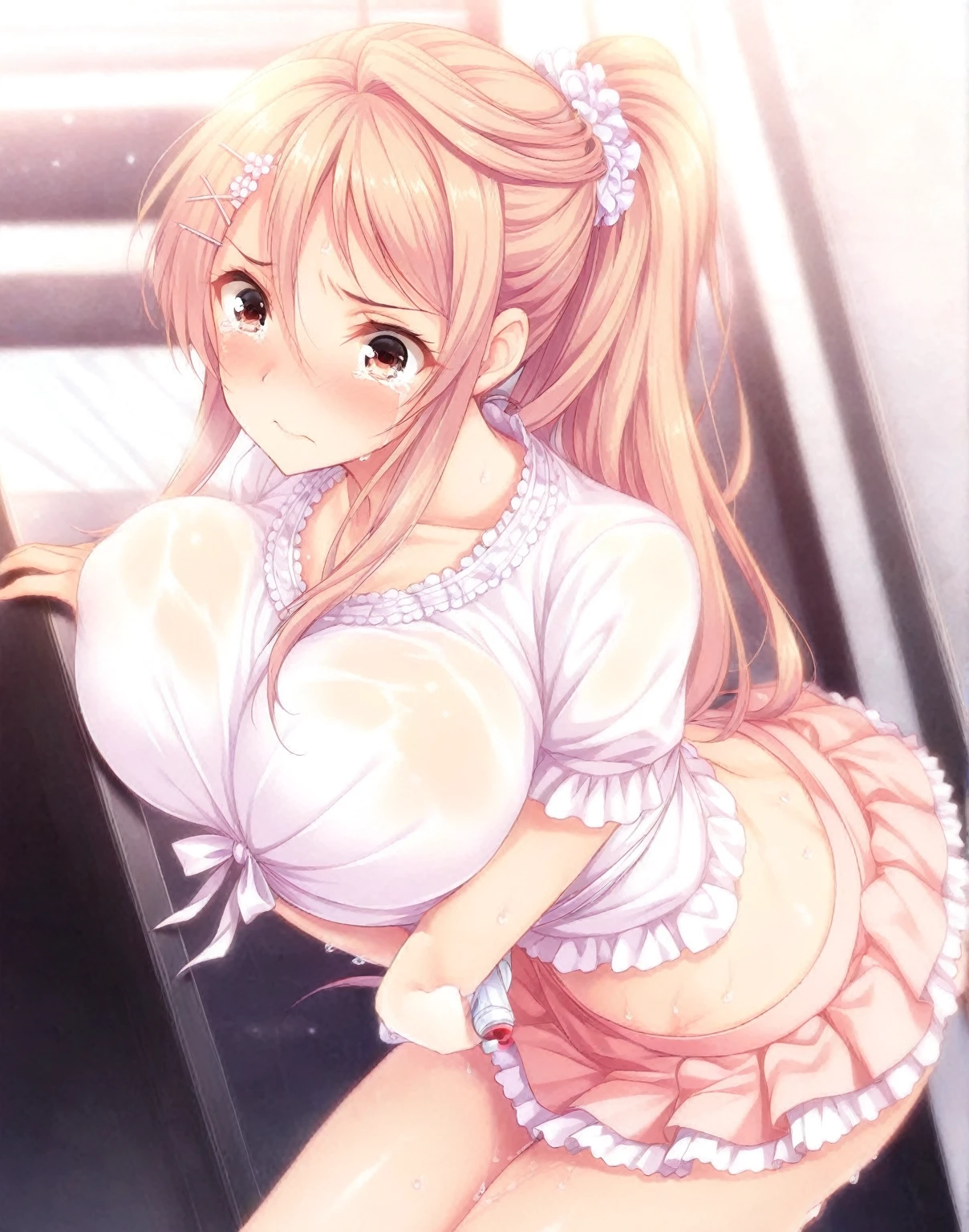 High quality、16 km race、anime screen capture、(NSFW)、((???))、((((Big breasts that are about to burst))))、((A man grabs my chest))、(obesity)、(thick thighs)、(golden hair)、(Drill perm)、 Forehead、(Long hair)、(dripping sweat)、((swelling of nipples))、((Desperate))、((Fantasy White Dress))、((green eyes、please put your hands behind your head))、fantasy prison、((spreading legs))、((sad))、Are crying、(((:o)))、((Arms bound in shackles))、