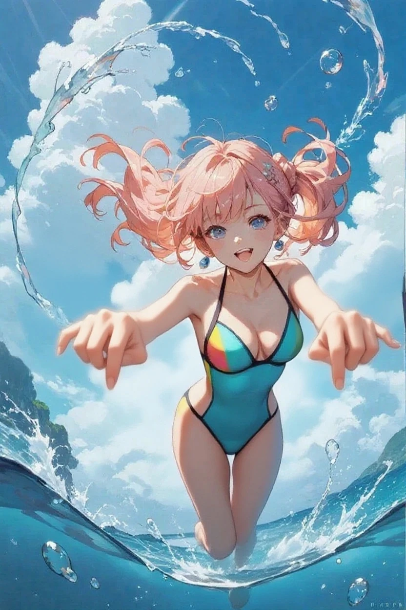 Highest quality, Very detailed, masterpiece, anime,Highest quality,Japanese High School Girl,One Girl,One Girl,Swimwear,bikini,Beach,Dynamic pose,open mouth,smile,Transparent haori,nsfw,Underwater shot, leaning forward,show of nipple