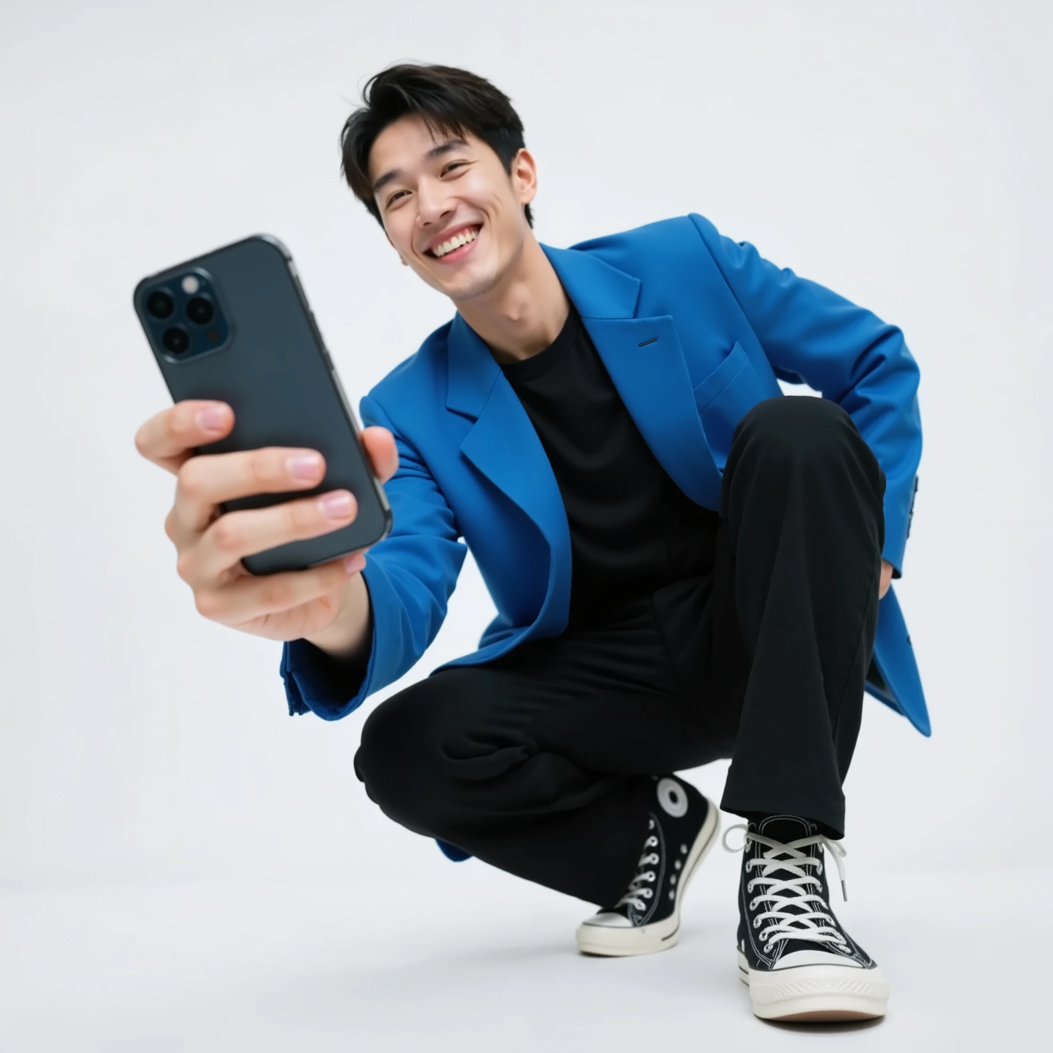 Realistic photography, stock image style of an Asian man squatting low to the ground, captured from a low-angle perspective, holding a smartphone forward towards the camera with one hand. The smartphone screen is completely black (blank) with no visible content. The man’s facial expression is friendly and confident, smiling slightly at the camera. He is wearing a bright cobalt blue blazer over a black shirt, paired with slim black trousers, and white-and-black sneakers, matching the outfit style exactly as described. His hair is neatly styled, slightly tousled, with a clean and fashionable look. The background is pure white, evenly lit, with no shadows, designed for easy cut-out and integration into graphic design projects. Lighting is soft but clear, highlighting facial features and clothing texture. The camera captures the subject in sharp focus with natural skin tones and realistic fabric details, using a wide-angle lens to emphasize perspective and create a dynamic composition.