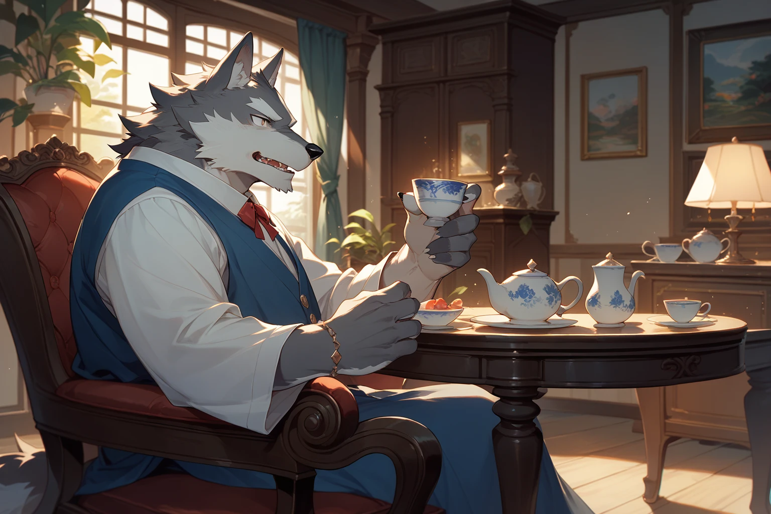 (masterpiece), (photorealistic:1.4), (1boy), (detailed face:1.2), (wolf male:1.5), (old：1.9）, (aged), (retired general),(muscular build), (gray fur:1.3), (long white beard), (long white braided hair), (loose shirt), (sitting), (resting), (calm expression), (peaceful eyes), (many scars), (scar on face), (scar on body), (indoors),  (cold northern region), (room), (fireplace), (fire), (window), (snow outside), (winter), (night), (dim lighting), (cinematic lighting)
