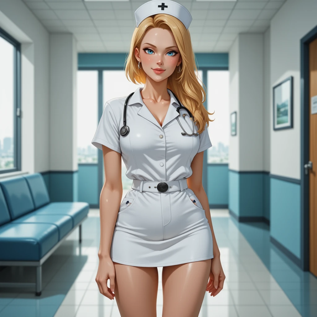(best quality,highres:1.2),ultra-detailed,(realistic:1.37),sexy solo woman by herself,blonde hair,hazel eyes,nurse suit,cameltoe,soft lighting,portrait style,vivid colors