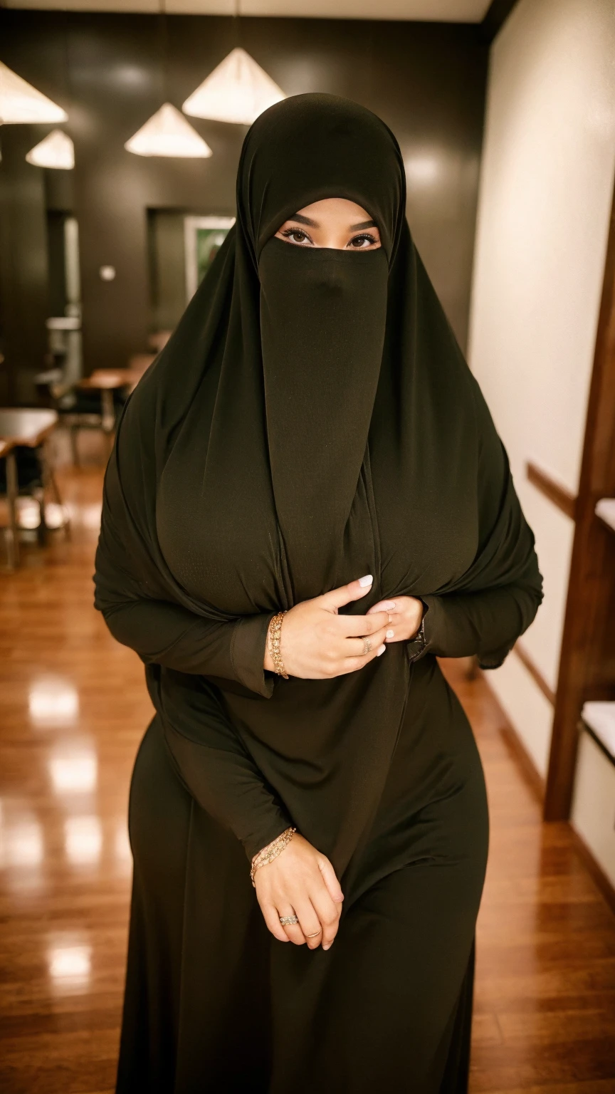 standing, solo, 1girl, mature female, hijab, short girl, long veil, long hijab, fat girl, fat body, beautiful face, cute face, sideboob, large breasts, thigh legs, areola slip, cleavage, leaning forward, hanging breasts, curvy, fat, arms down, looking at viewer, blush, parted lips, light smile, long black hair, black colour hair,
