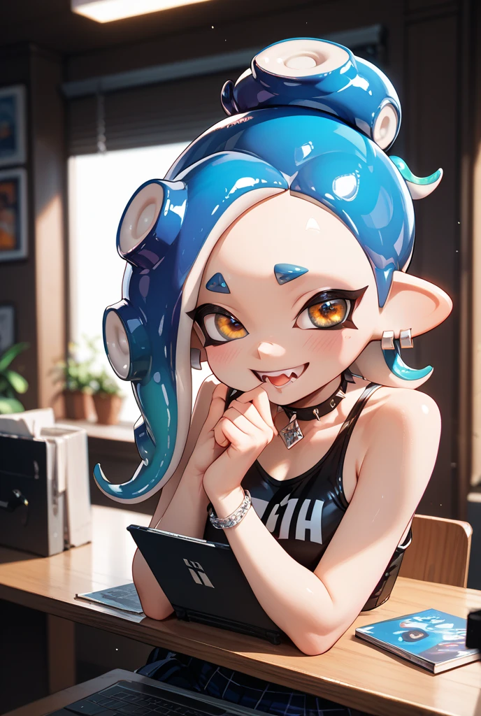 Highly detailed, High Quality, Masterpiece, beautiful, orange hair, splatoon, meggy, inkling, tentacle hair, headphones, goggles on head, white shirt, layered sleeves, <lora:Char_Meme_Meggie:0.7>, PlayingCards, holding, card, table, holding card, sitting, indoors, playing card, pov across table, <lora:Pos_PlayingCards:0.5>, confused, ??,