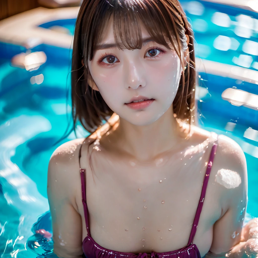 A beautiful Japanese girl is shown underwater surrounded by bubbles.。She floats near the surface、Face and body half submerged in water。High transparency of water、The light refracts in the water and creates beautiful patterns on her skin.。
Her hair is wet and、It spreads softly around the face。Air bubbles float on the hair and water surface.、It creates a very fantastic atmosphere.。Her eyes are big、She has a calm expression as if she is looking into the distance.。The light reflected in your eyes、It brings life to her eyes。
Her skin is smooth and has a healthy glow.、The light reflects off the water, creating a fantastic glow.。Her lips are pale pink、Gives a natural beauty。She is wearing a white lace bustier、The delicate design perfectly matches her soft personality.。
The blue of the water in the background and the bubbles blend in well.、Creates a beautiful color contrast。Bubbles and air bubbles in the water、The way she is surrounded by colours is very beautiful.。The effects of light and shadow created by the reflection and refraction of light、It gives movement and depth to this image.。
as a whole、This image is美少女の幻想的で夢のような美しさを見事に捉えています。Her soft expression and bubbles、Underwater light and shadow become one、It creates a very charming and poetic scene.。This image is、This piece gives the viewer a sense of serenity and beauty.。