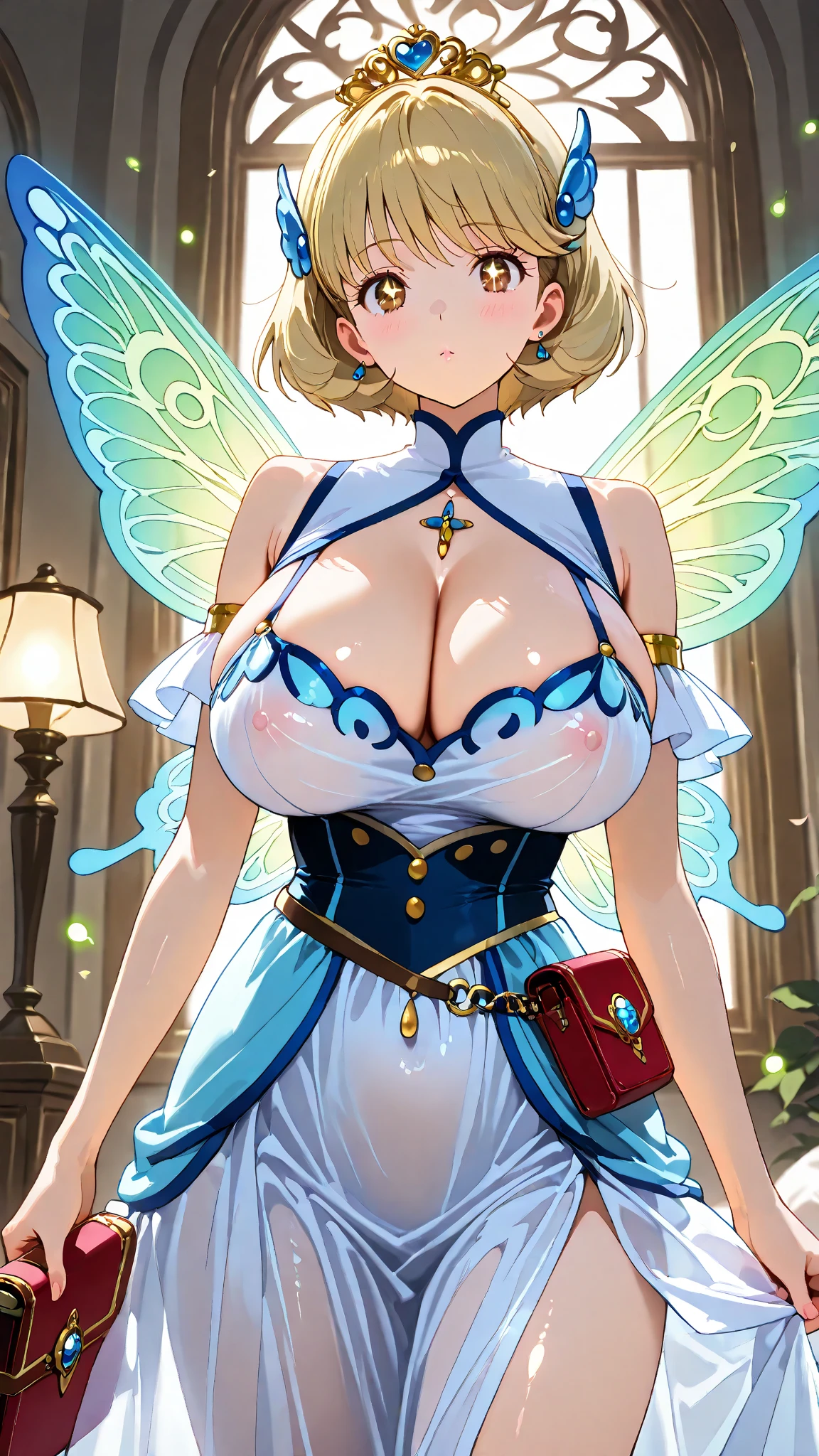 masterpiece, best quality, highres, Trickstar Holly Angel, long hair, blue eyes, blonde hair, gloves, ponytail, pantyhose, wings, elbow gloves, long dress, fairy wings, high heels, perfect eyes,sad,big tits,looking at viewer,top view,(standing), bracelet, cyberpunk,neon lights,sad, ((perfect face)),perfect body, perfect ,((open shirt)),((open clothes)), high definition,((show tits:1.5)),((show nipples:1.5)),blush